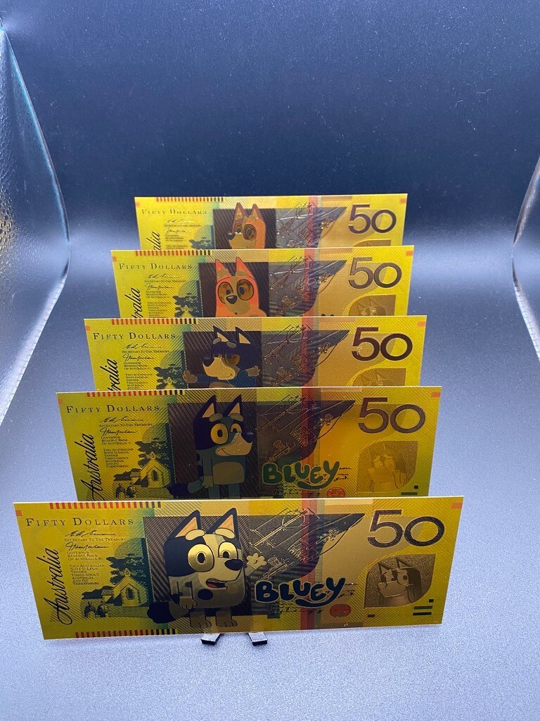 24k Gold Foil BLUEY Banknote Set – WHOLE SET of 5 Notes – Great Gift