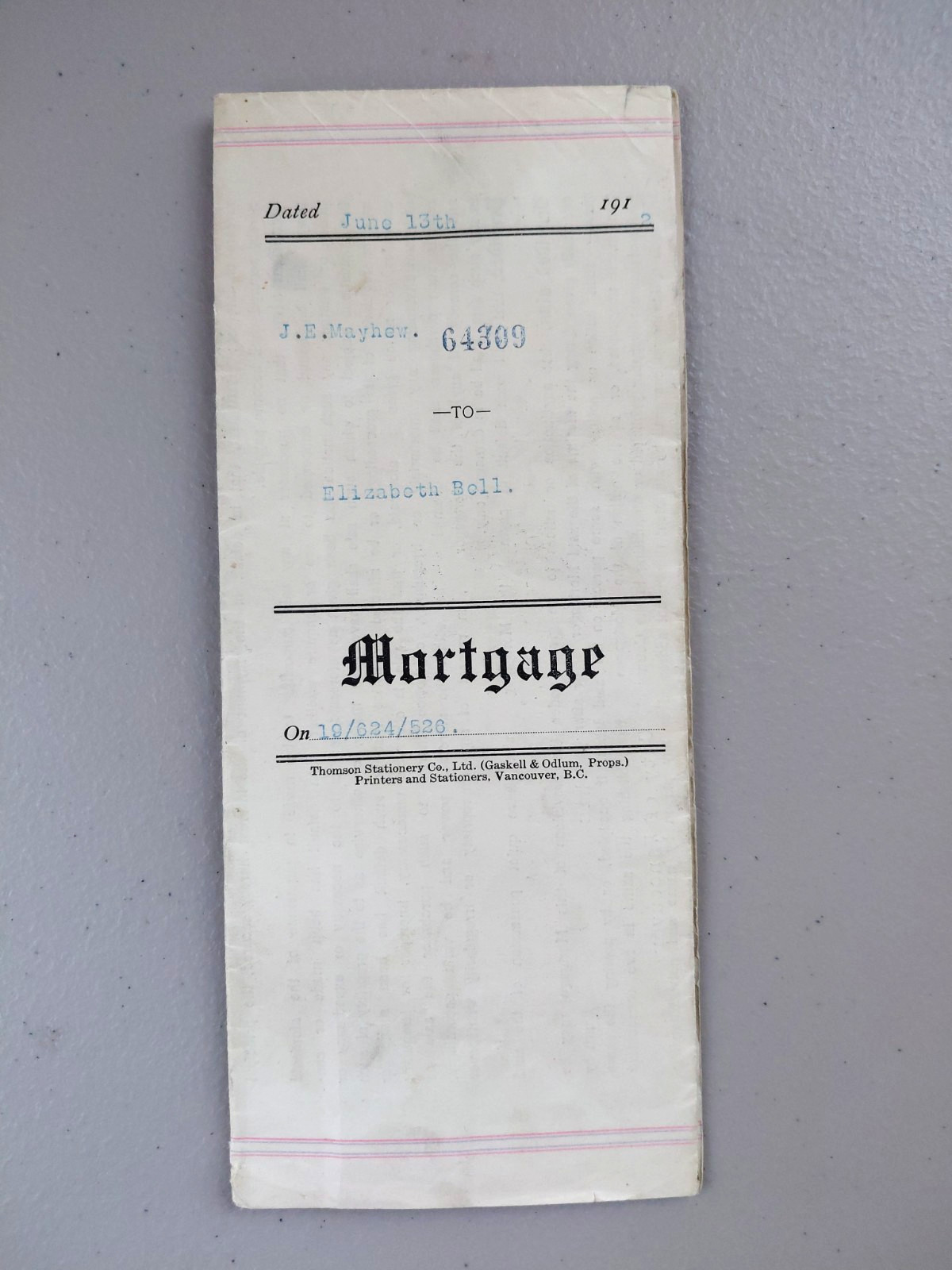 1912 Mortgage Deed Vancouver Canada Joseph Mayhew to Ms. Bell SPINSTER Signed
