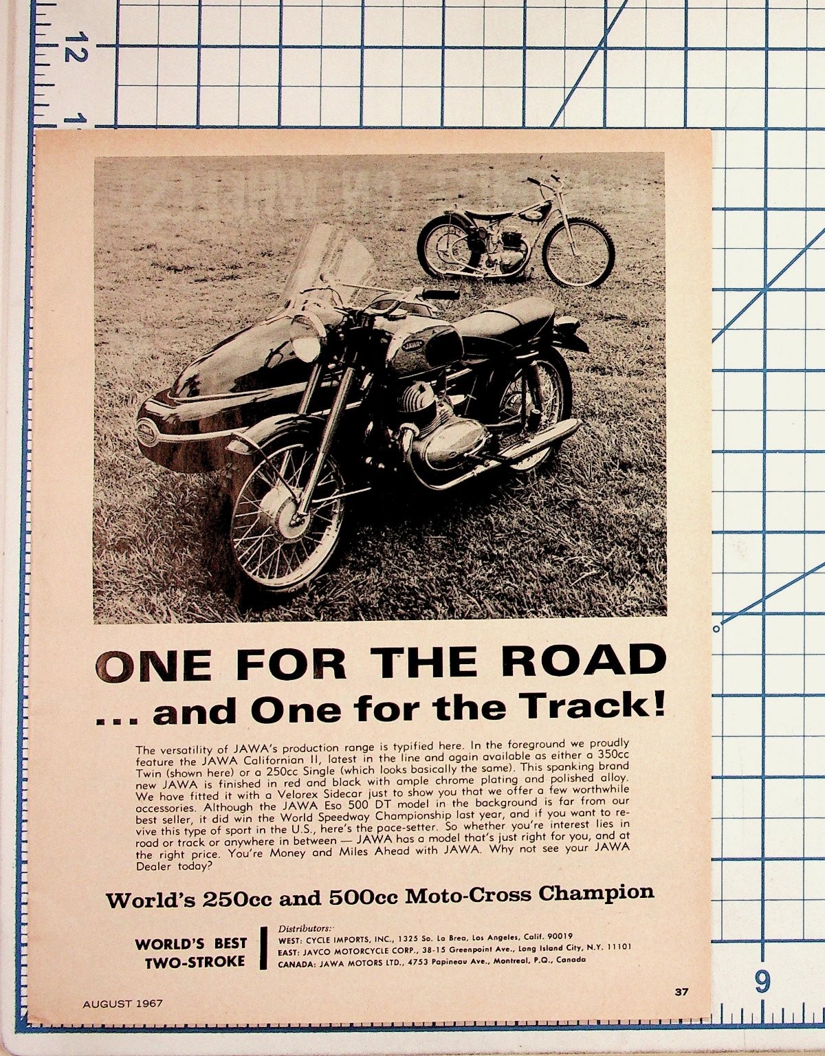 1967 JAWA Motorcycle Ad Velorex Sidecar Eso 500 DT Moto-Cross Vintage Print 1967 JAWA Motorcycle Ad Velorex Sidecar Eso 500 DT Moto-Cross Vintage Print