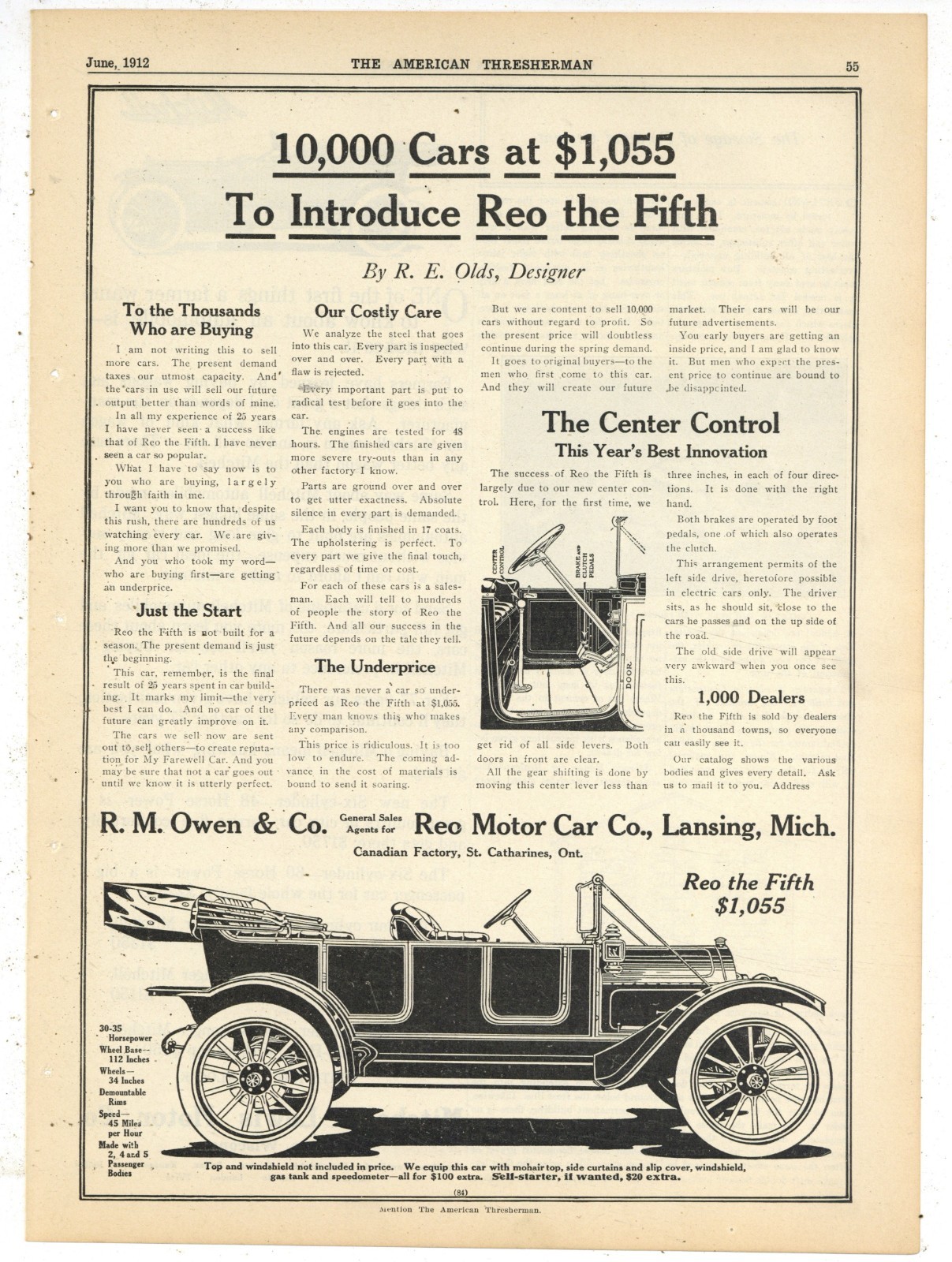 1912 Ads F&B of PG: REO The Fifth Automobile, Lansing & Mitchell Lewis of Racine