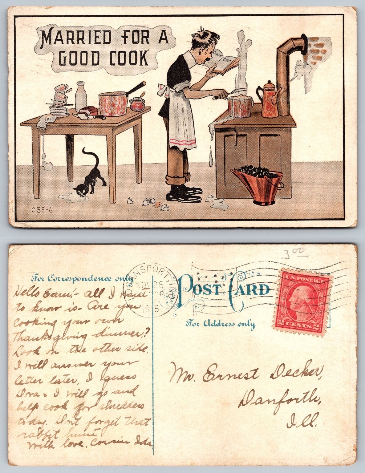 Vintage 1918 Comic Postcard Married For A Good Cook Messy Chef Humor Posted