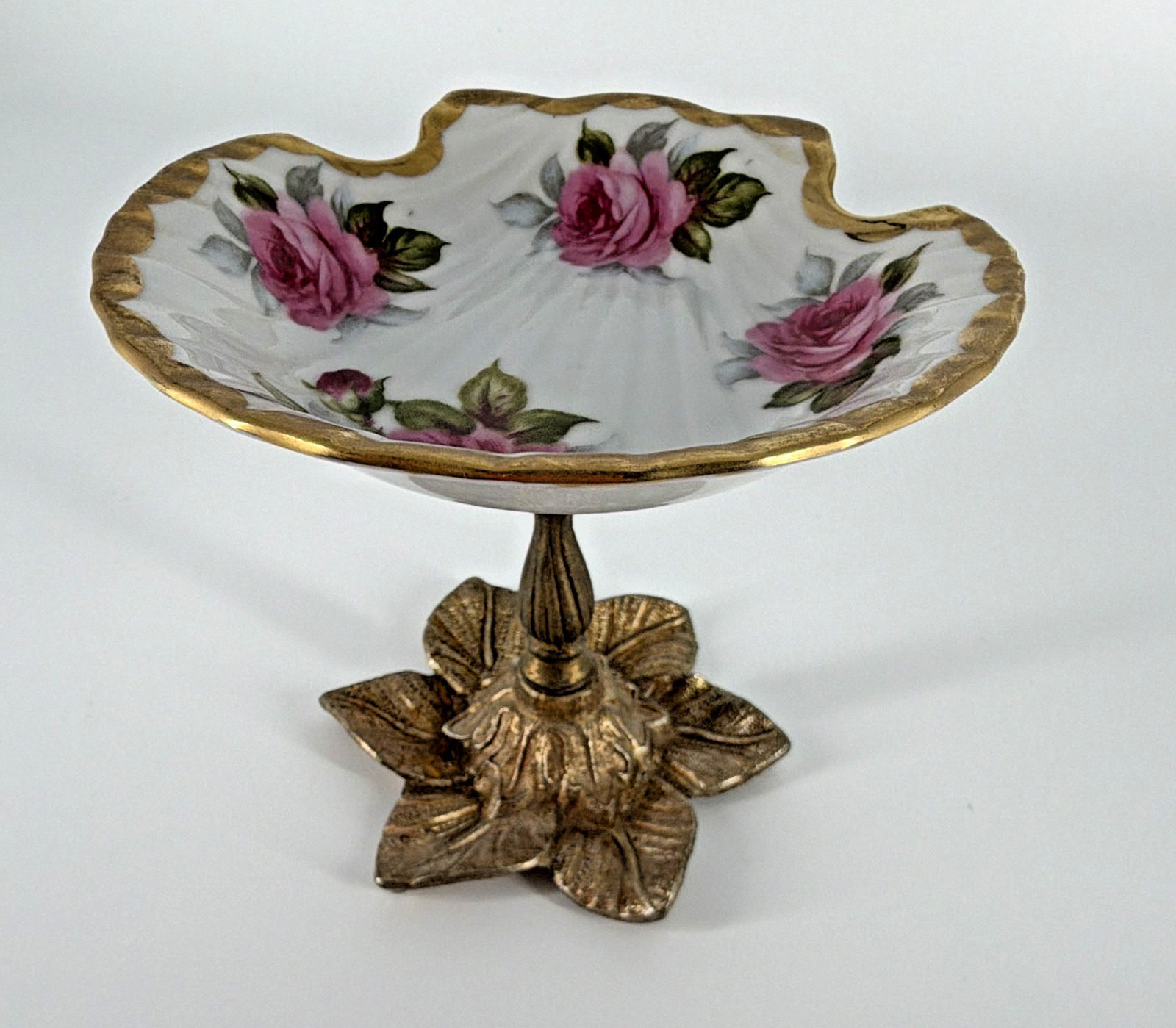 Vintage Porcelain Footed Compote Dish Pink Cabbage Rose Gilt Cast Base