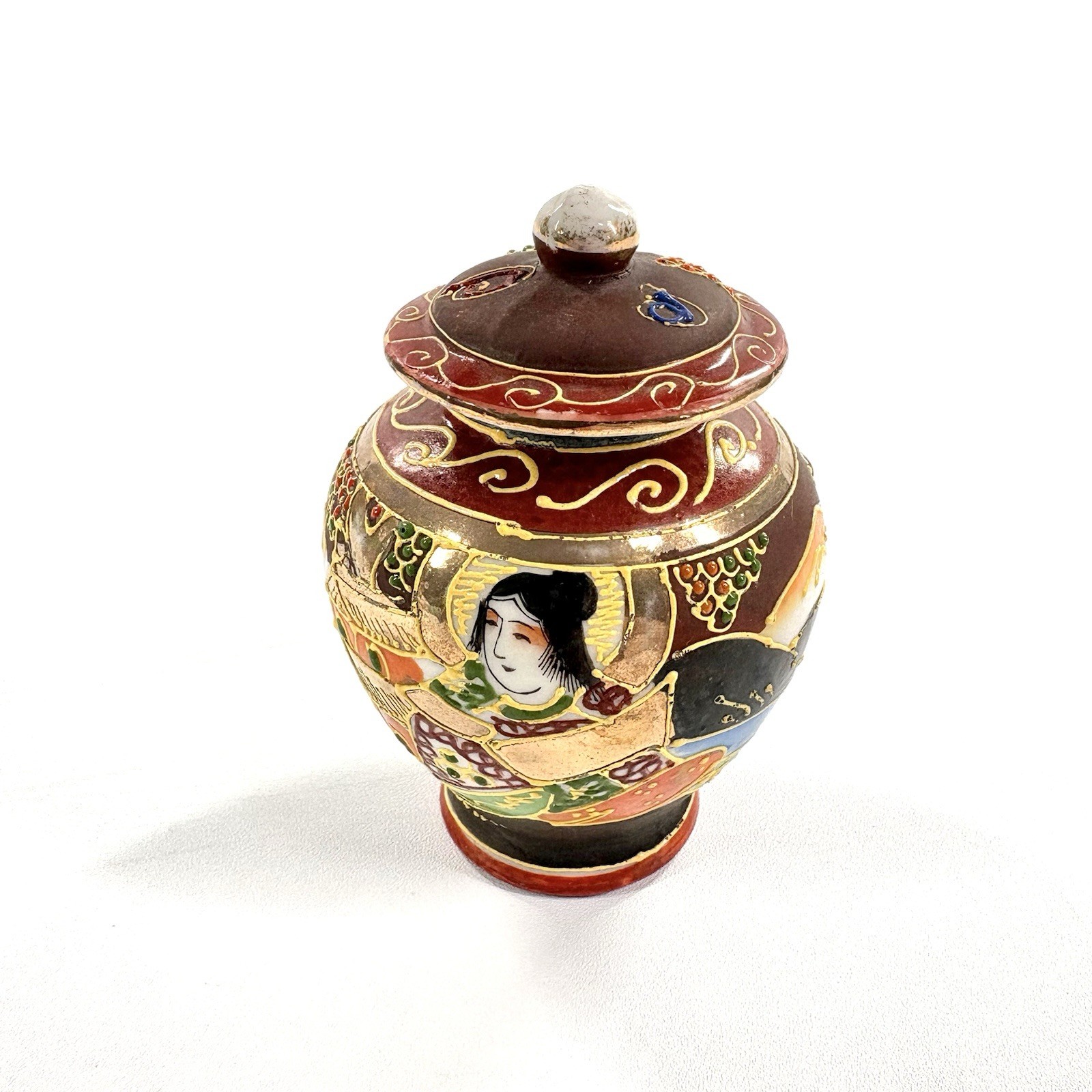 Antique Satsuma Takito TT Japan HAND PAINTED Moriage Ginger Jar Vase Geisha Tiny Antique Satsuma Takito TT Japan HAND PAINTED Moriage Ginger Jar Vase Geisha Tiny