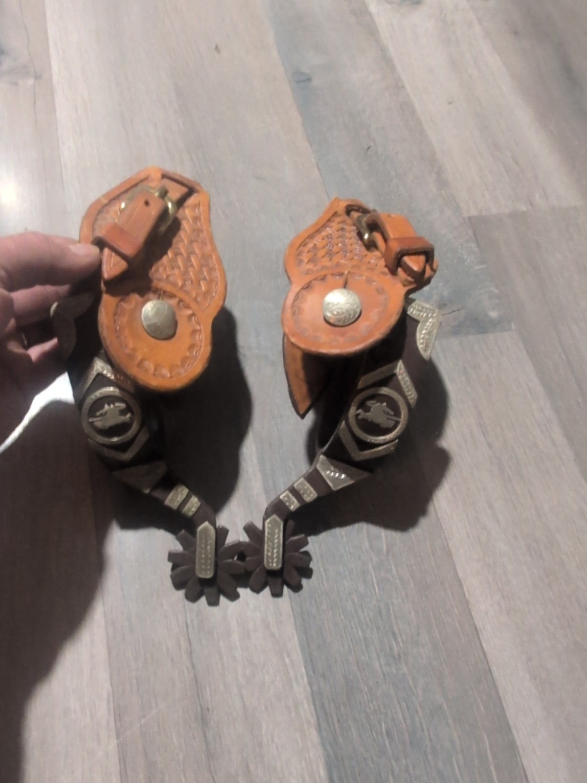 Vintage Cowboy Spurs With Tooled Leather Straps And Silver Spurs. N2