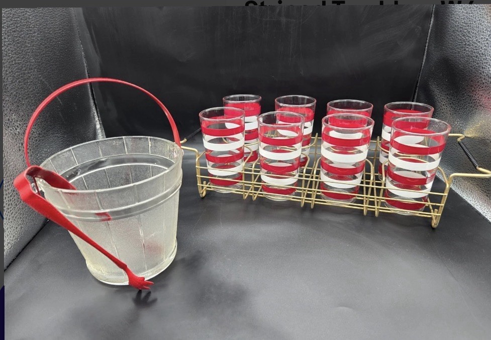 VTG Hazel Atlas MCM Set Of 8 Red White Striped Tumblers W/ Carrier & Ice Bucket