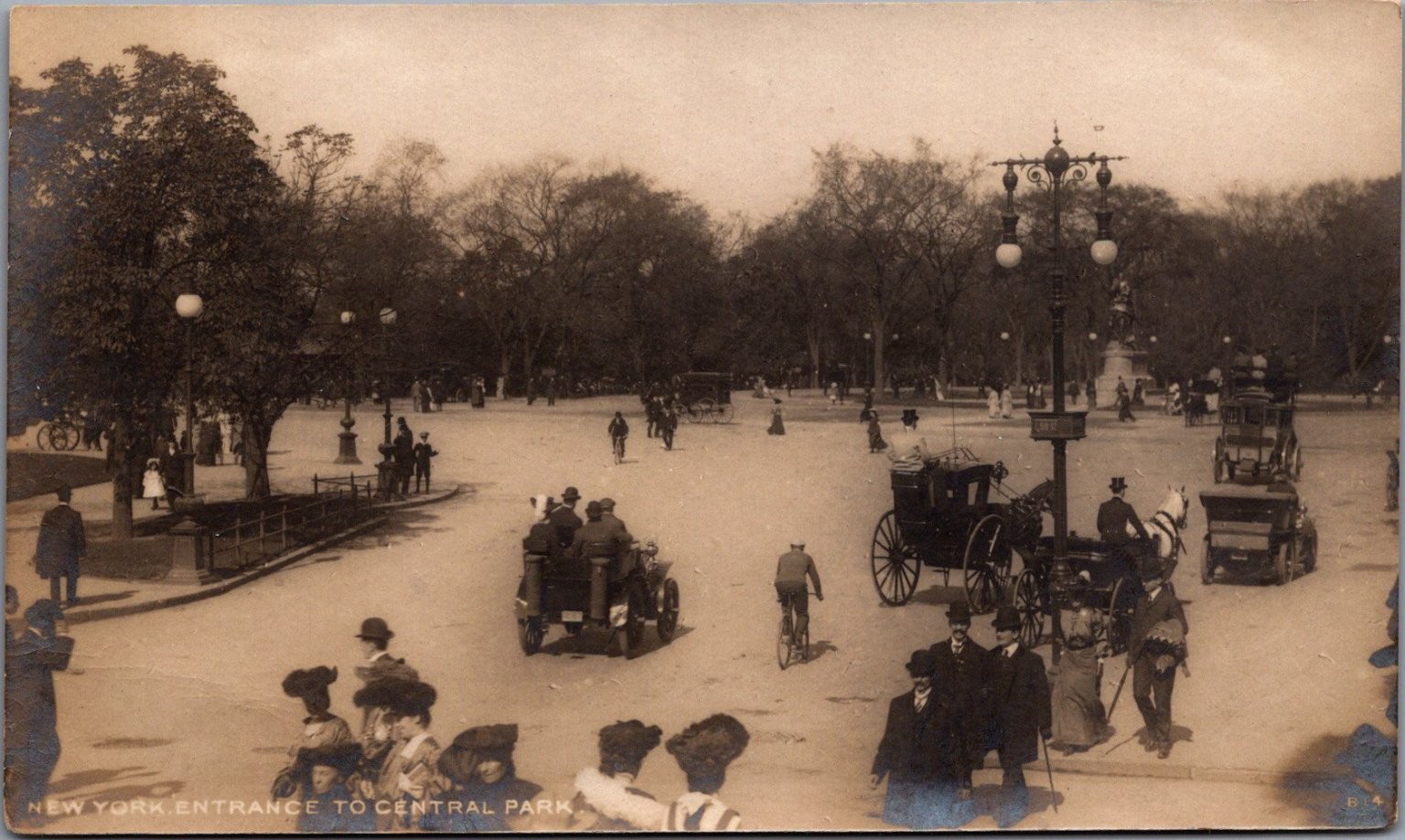 1904 Central Park Entrance NYC Rotograph Postcard Horse Carriages & Autos