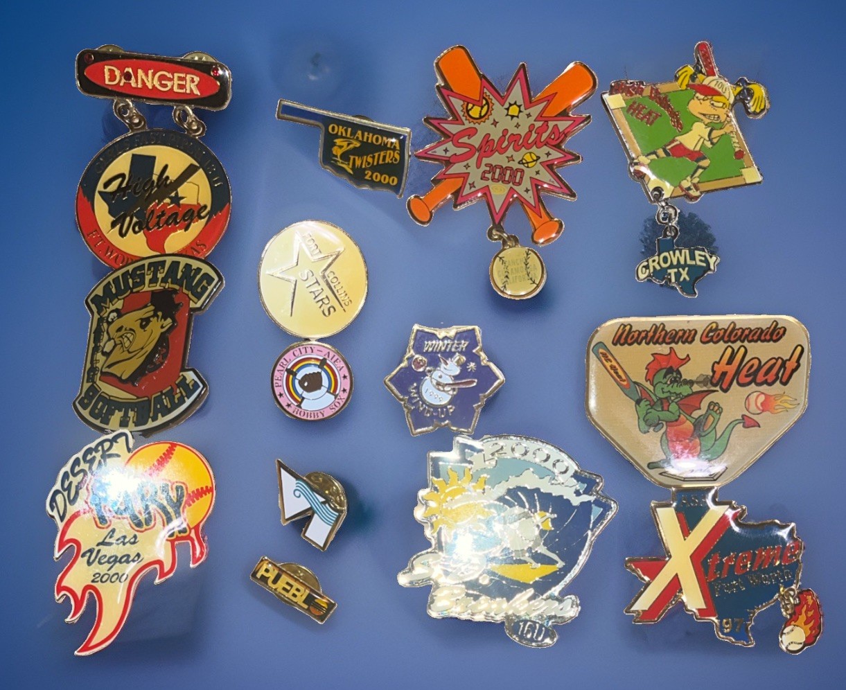 Vintage Woman’s Fast Pitch Softball Lapel/Hat Pins Tournament Baseball Lot of 14
