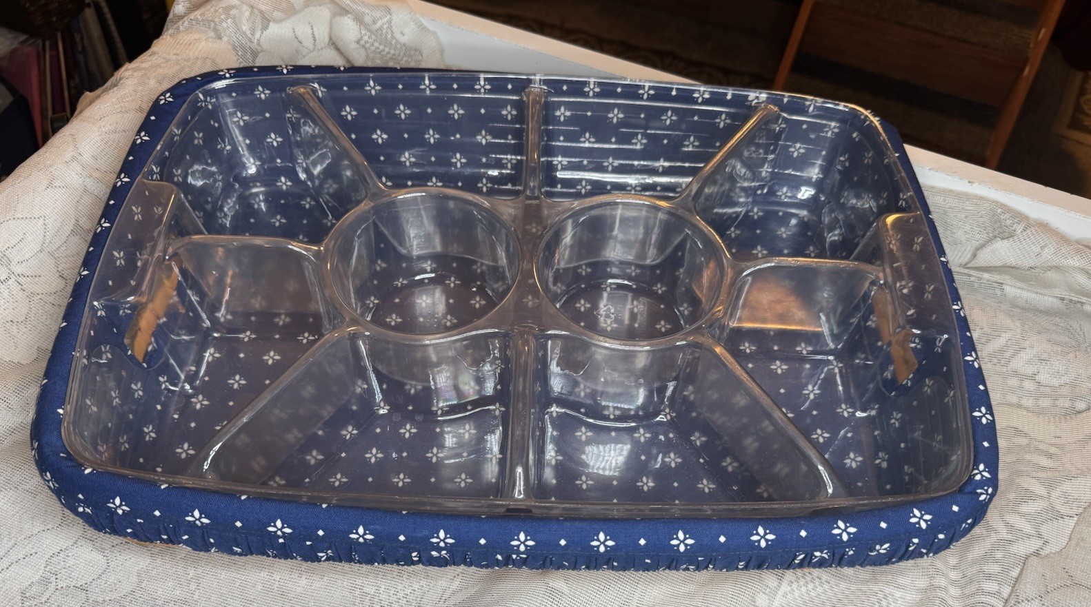 VTG Longaberger Basket Hostess Serving Navy Blue Fabric Liner Plastic Divider