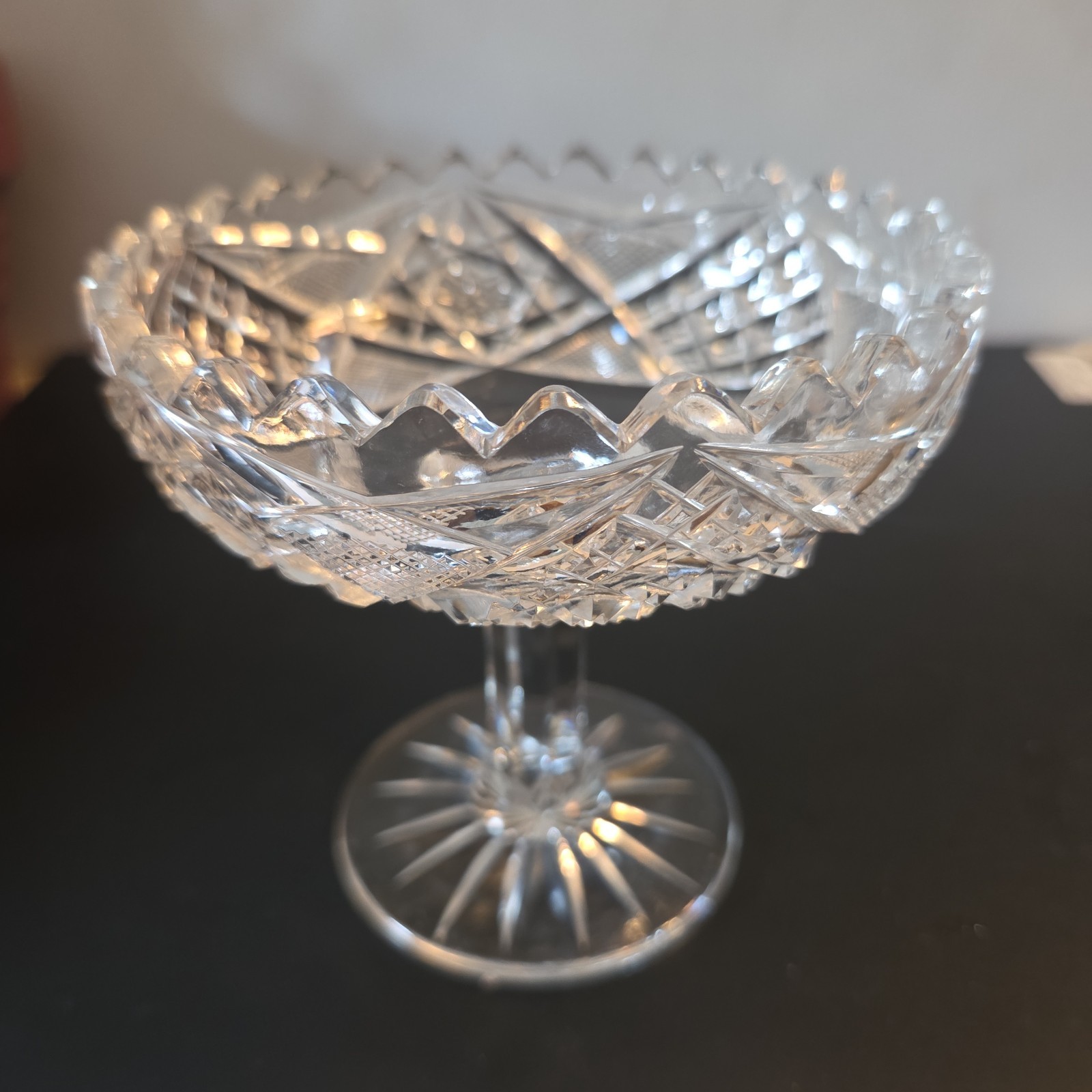 Crystal Compote Dish Vintage Pedestal Hobstar Star Pinwheel Jewelry Holder AS IS