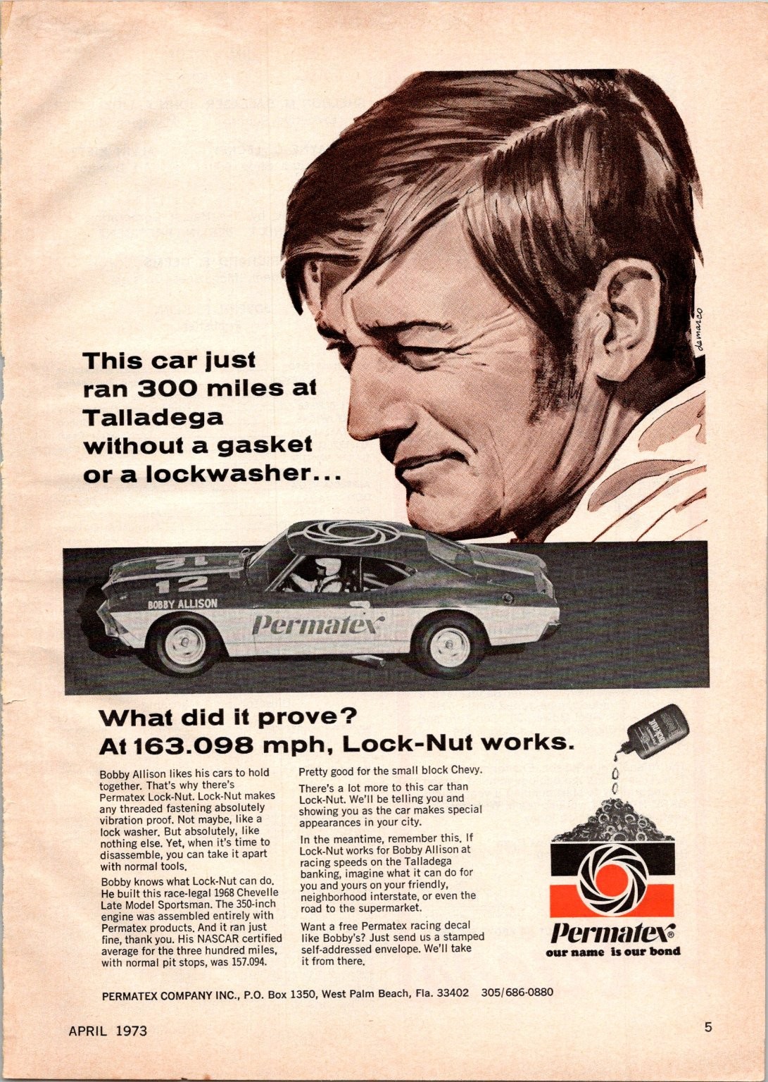 Permatex 1973 Vintage Print Ad Bobby Allison Talladega Race Car