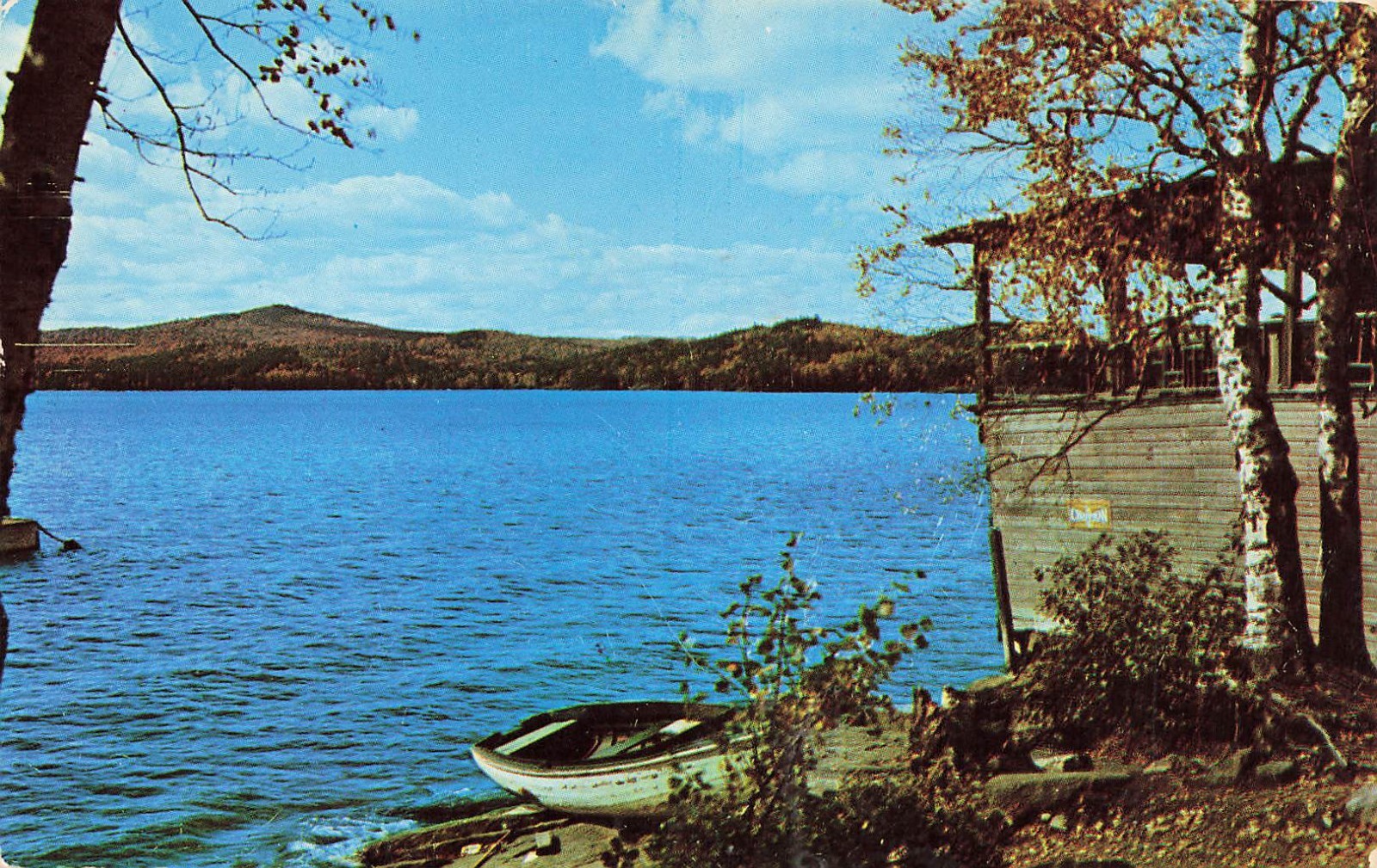 Vintage Lake Cabin Scenic Waterfront Chrome Postcard Canoe Mountain View Unused Vintage Lake Cabin Scenic Waterfront Chrome Postcard Canoe Mountain View Unused