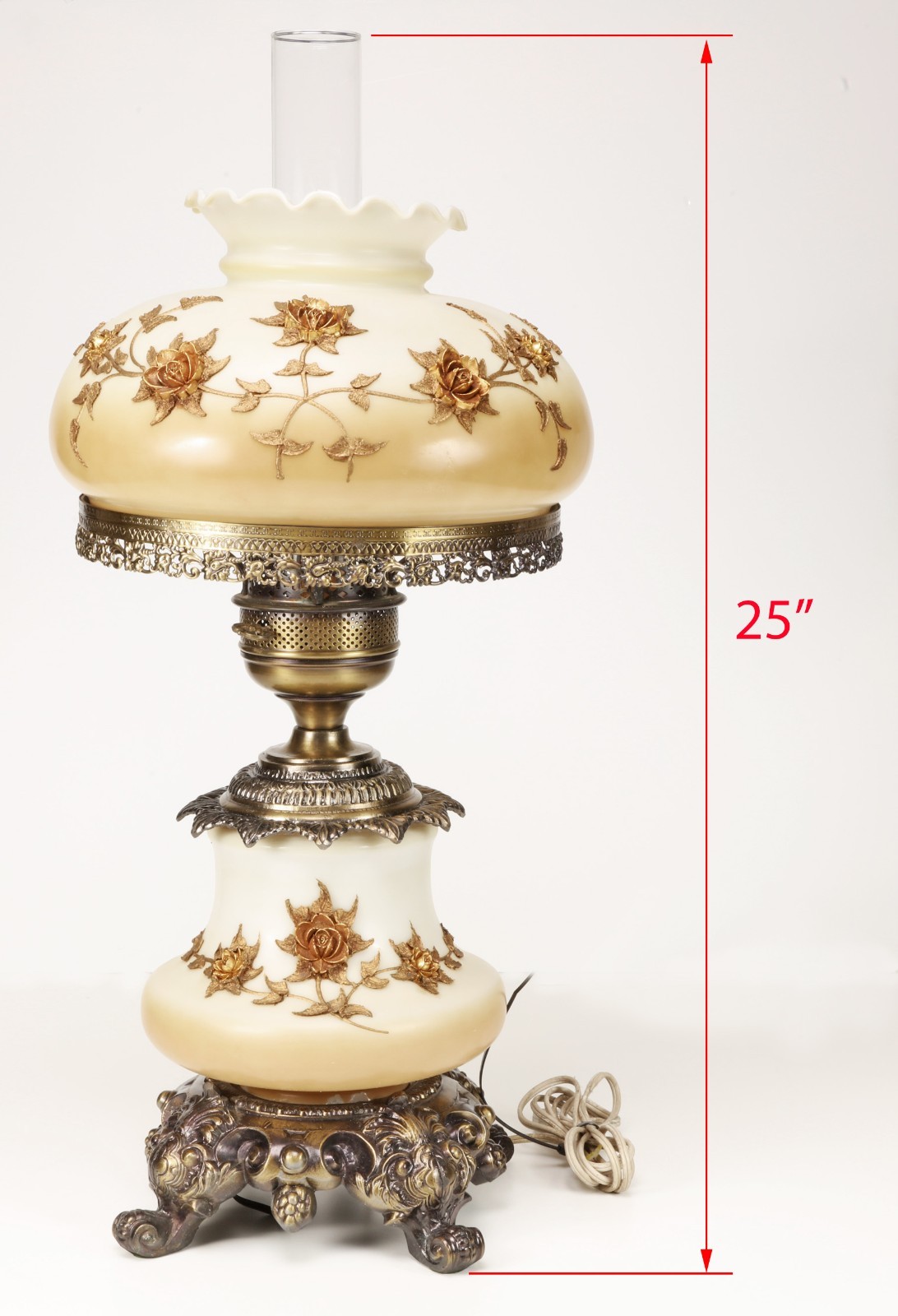 Vintage Hurricane Lamp w/Floral Metal Overlay Gone W/ The Wind Style c1960s-70s
