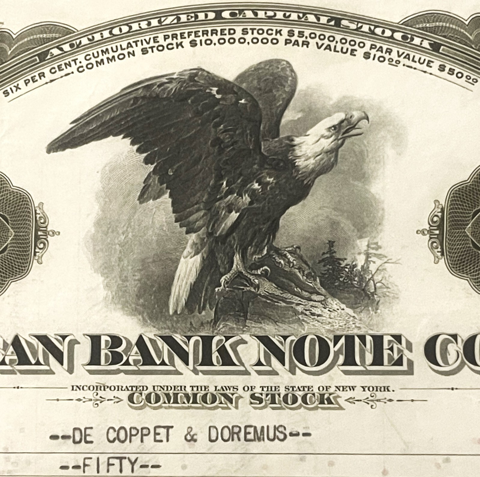 Antique 🦅 1920s-60s American Bank Note Co Stock Certificate NY Eagle Green