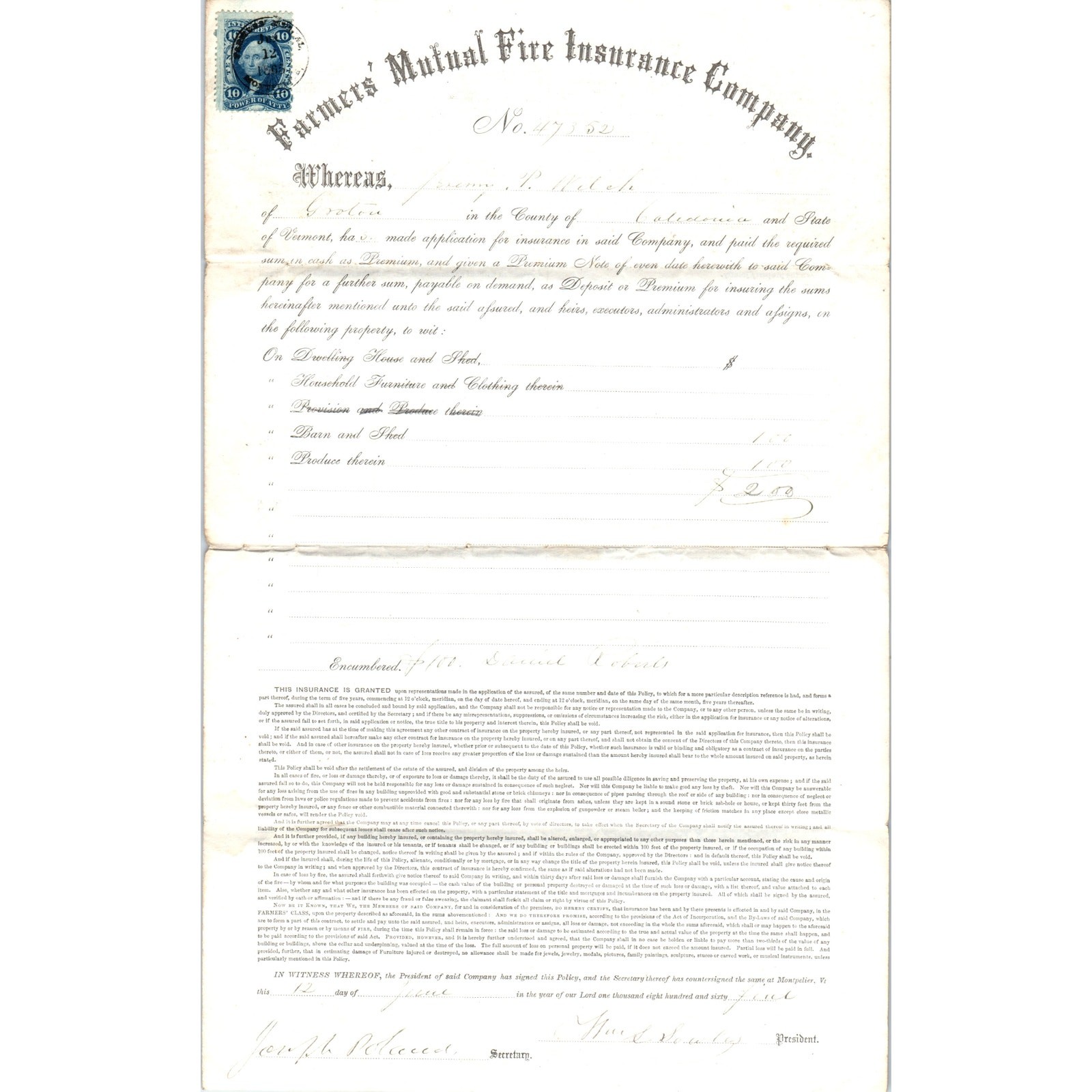 1870 Farmers Mutual Fire Ins Co Policy J.P. Welch West Topsham VT AF7-E7
