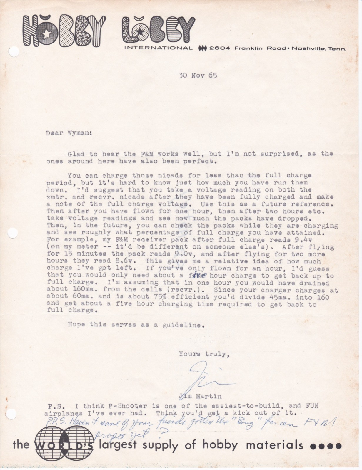 1965 SIGNED LETTER - JIM MARTIN - HOBBY LOBBY INTERNATIONAL - MODEL RC AIRPLANES