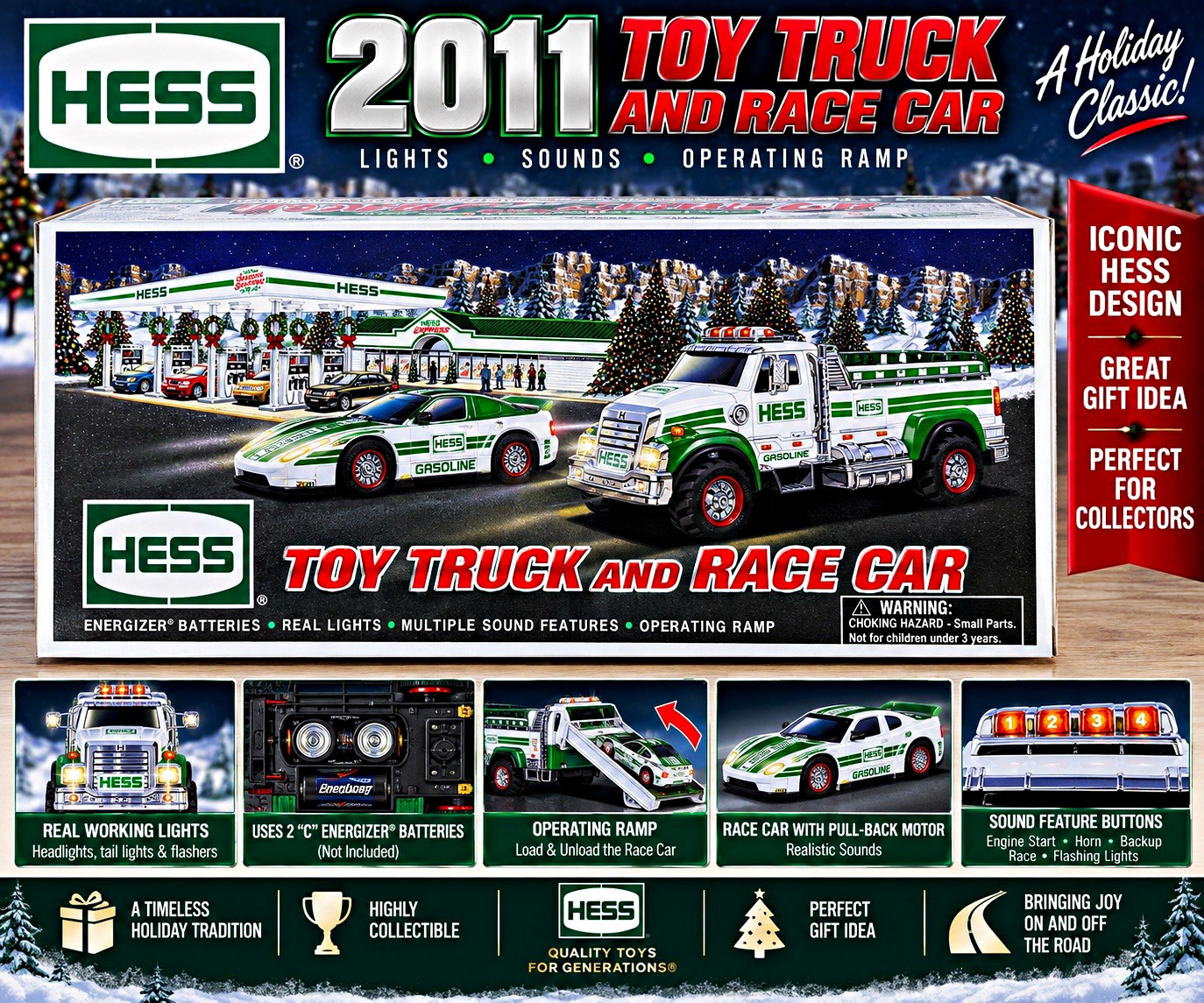 2011 Hess Toy Truck & Race Car Lights Sounds Pull Back Motor Original Box
