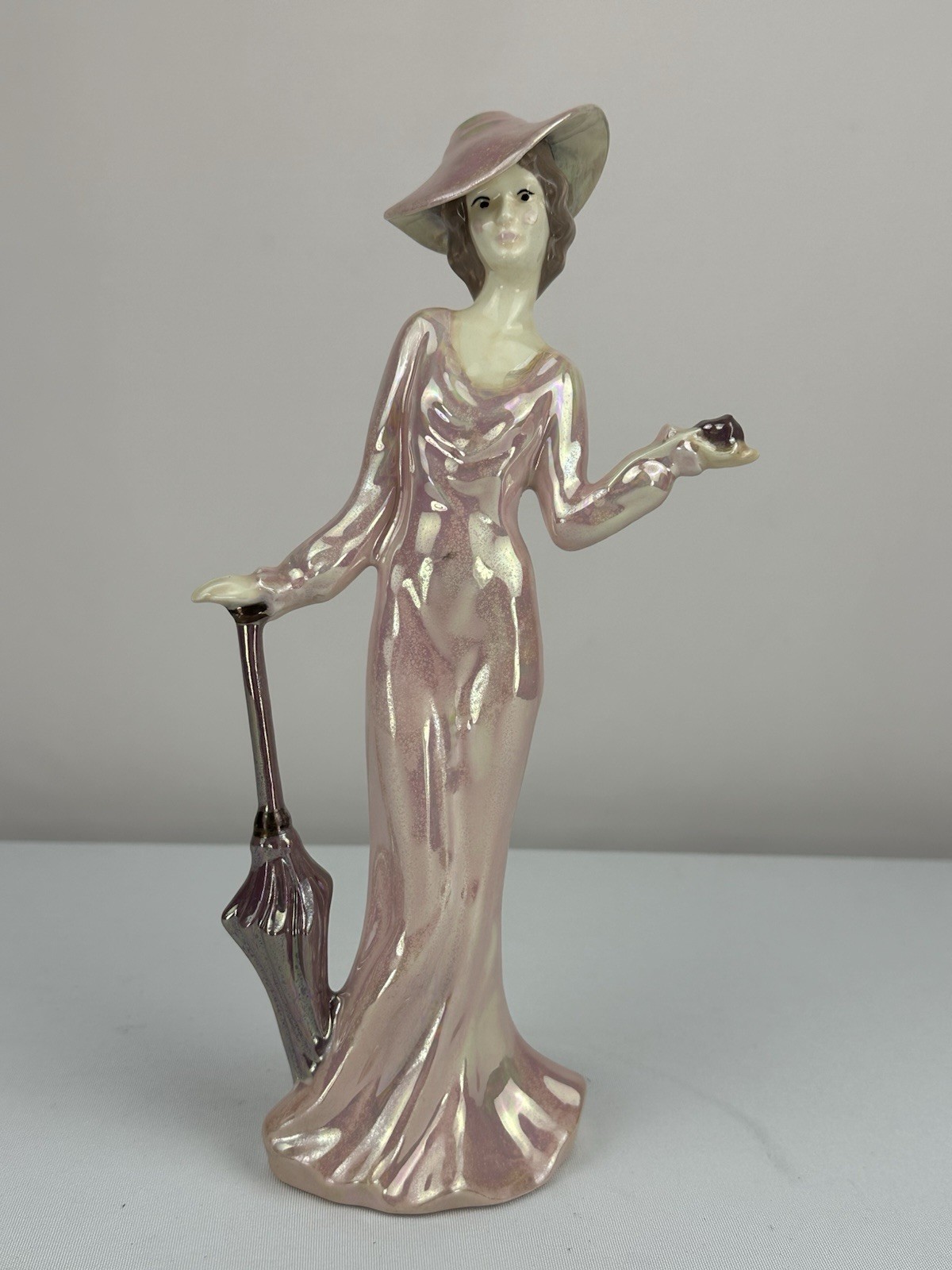 Vintage Art Deco Pink Lady With Umbrella Porcelain Figure