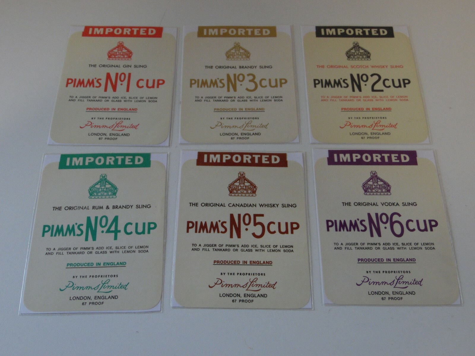 vint. PIMM'S No. 1-6 bottle labels 5 5/16 x 4 gin scotch brandy rum whisky vodka vint. PIMM'S No. 1-6 bottle labels 5 5/16 x 4 gin scotch brandy rum whisky vodka
