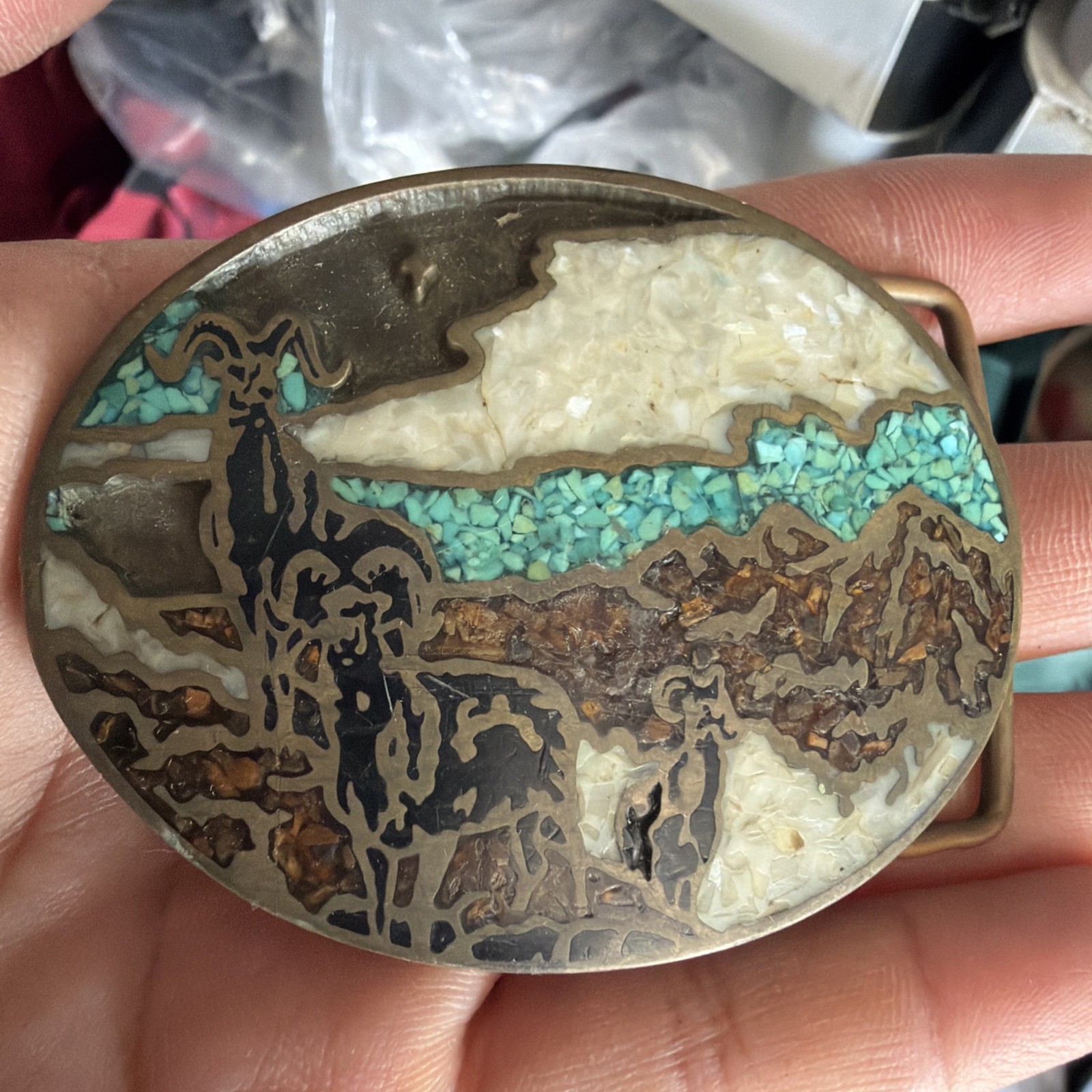 1981 Western Belt Buckle Inlaid Stone Turquoise Mountain Scene As Is