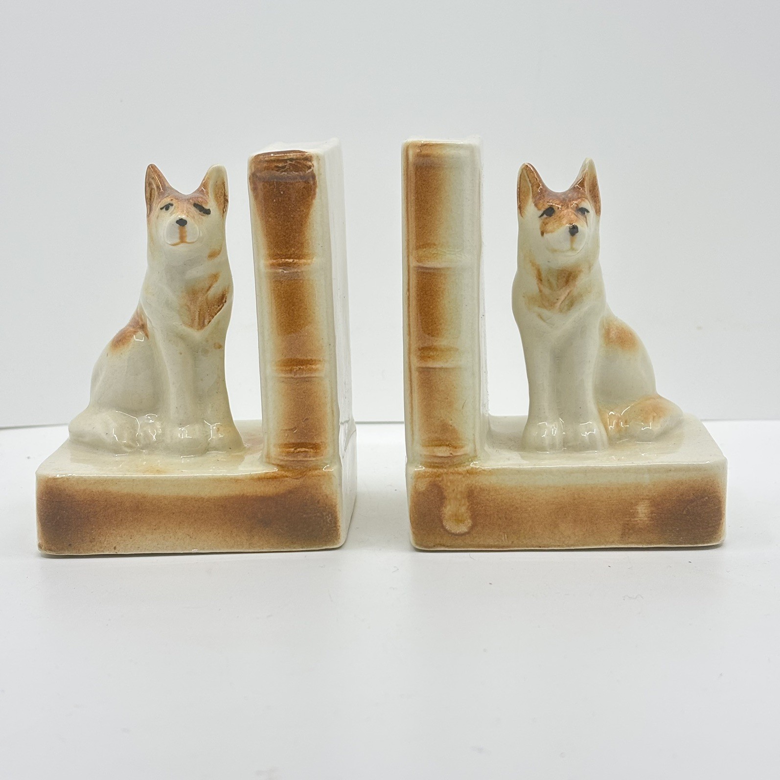 Vintage Dog Bookends Pair Occupied Japan, 1940s Ceramic German Shepherd Decor