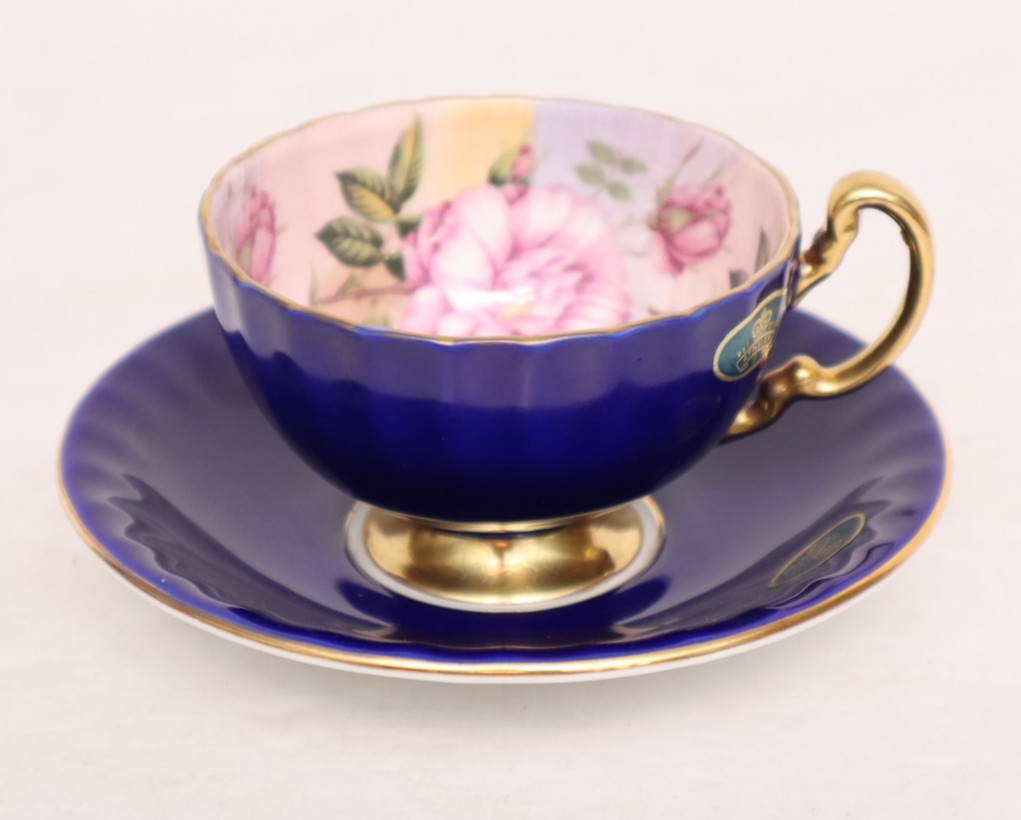 AYNSLEY Bone China CABBAGE ROSE CUP & SAUCER Cobalt Blue ORIGINAL STICKER Vtg