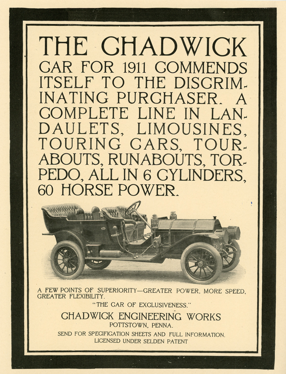 1911 Original Chadwick Luxury Car Ad. Nice Photo. Exclusiveness. Pottstown, PA