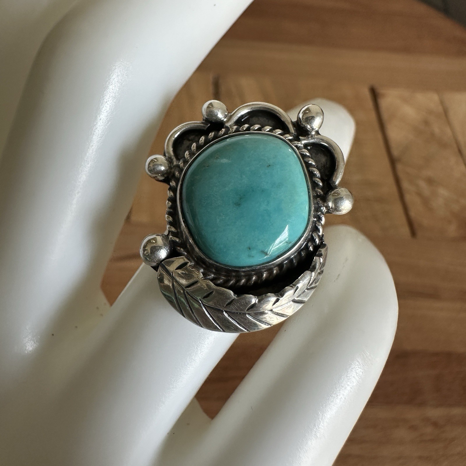 VTG Navajo Artisan Ring Size 5.25 Turquoise Leaf Flower Raindrops Sterling 7.5g VTG Navajo Artisan Ring Size 5.25 Turquoise Leaf Flower Raindrops Sterling 7.5g