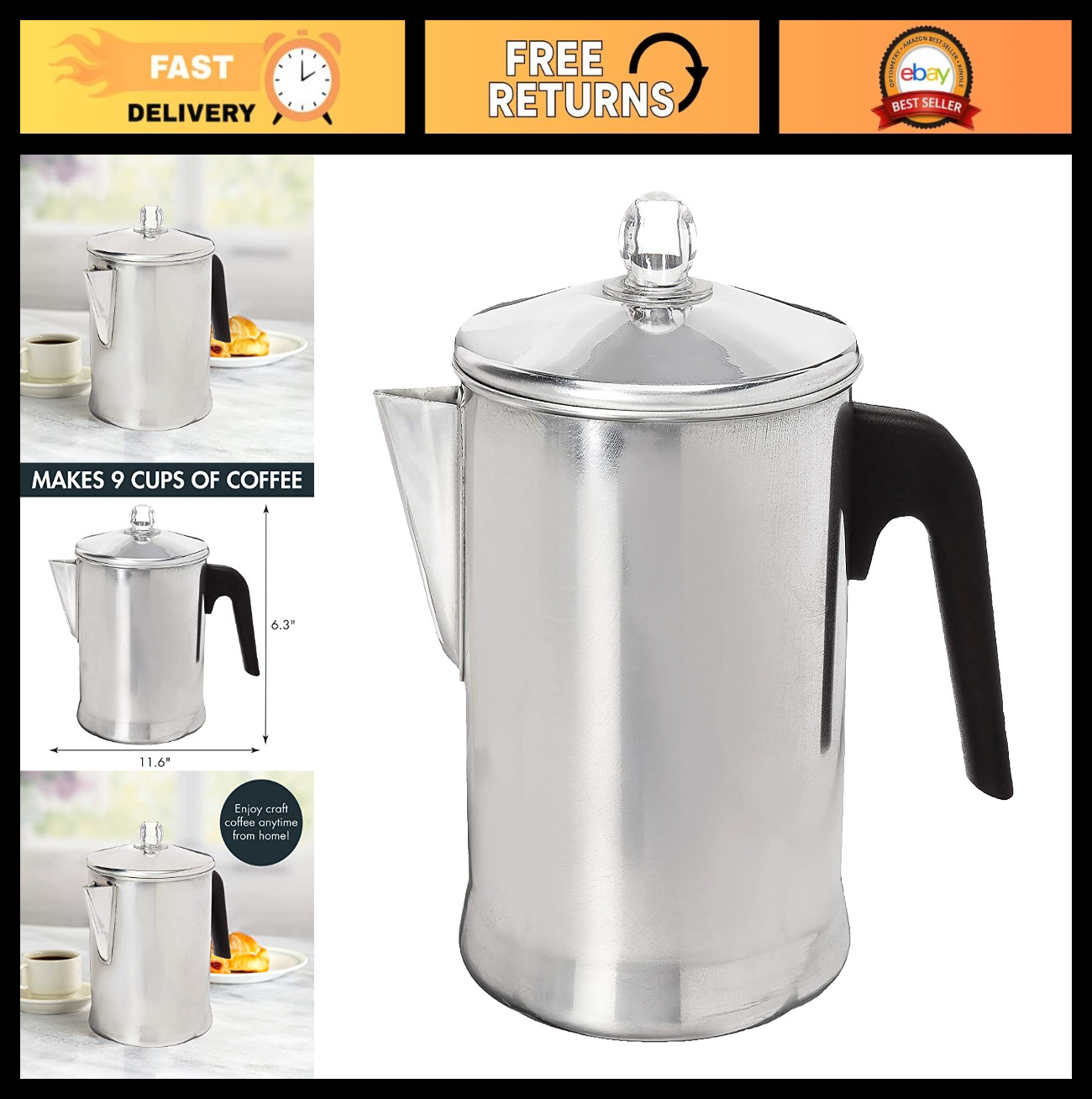 Durable 9-Cup Aluminum Stovetop Percolator Coffee Maker - Brew Fresh Coffee Silv