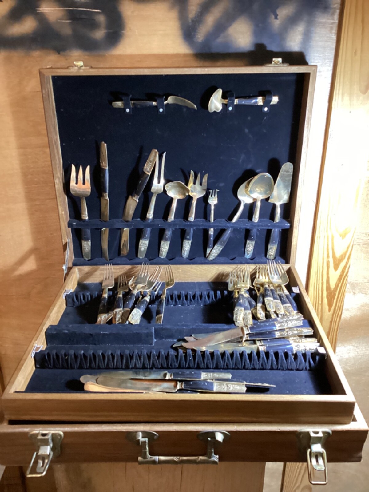 Vtg Thai Siam Bronze & Rosewood Budda Flatware Set 104 Piece With Box See Pics.