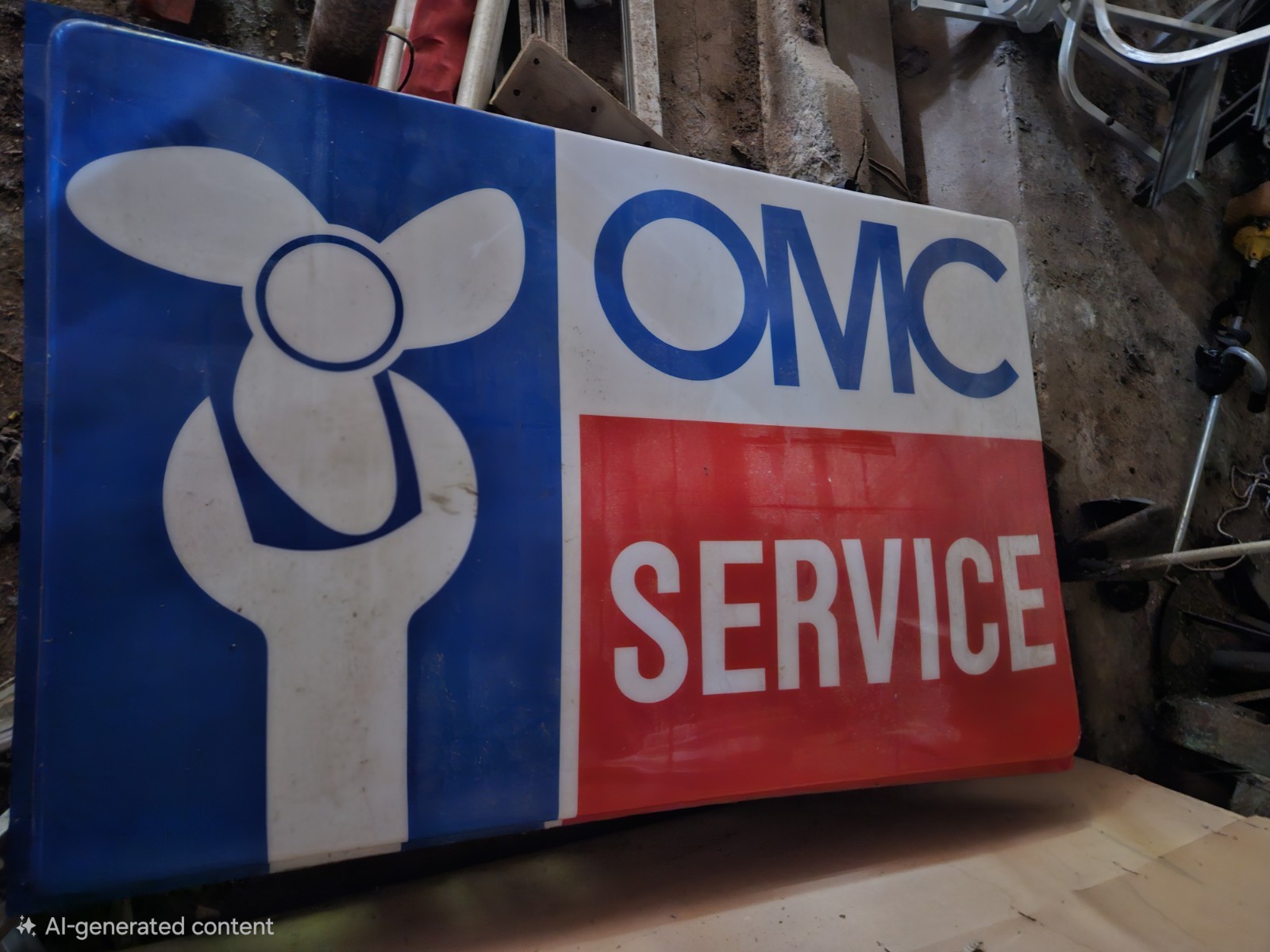 Vintage OMC Service Sign part of a lighted sign display.