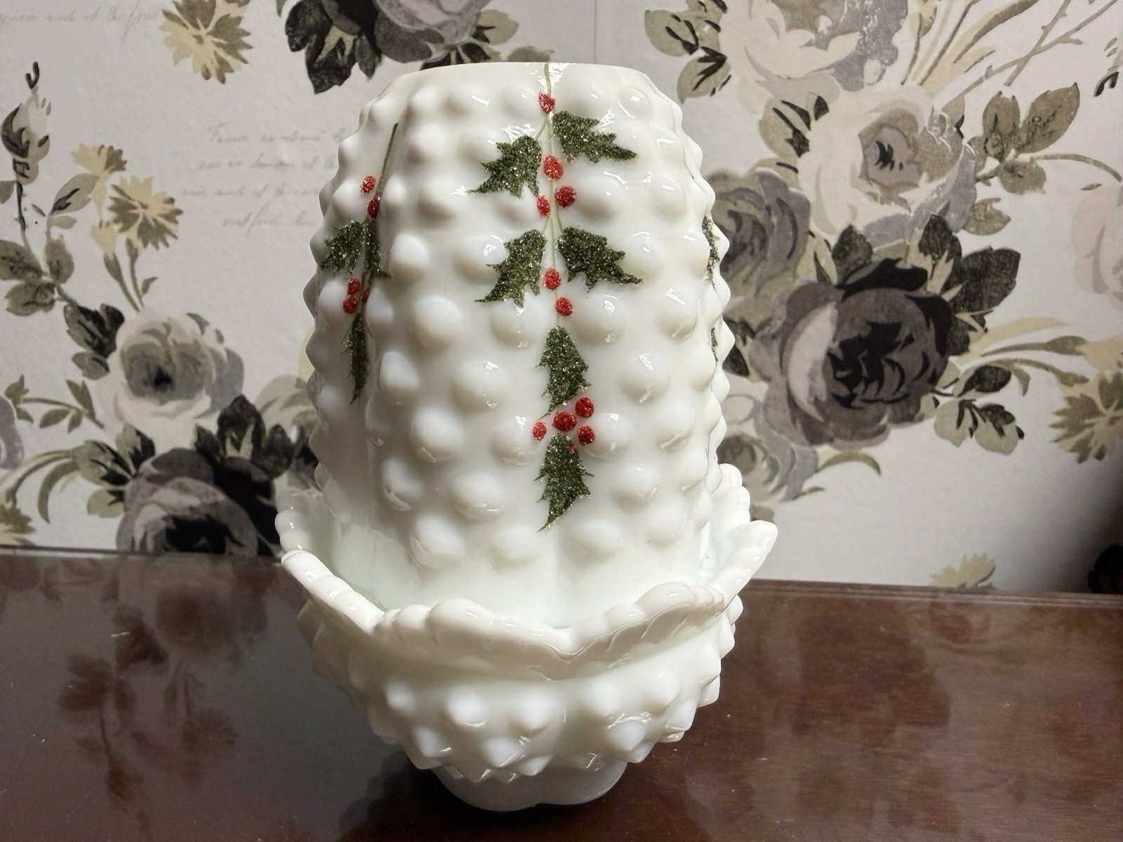 FENTON MILK FAIRY LAMP CHRISTMAS HOLLY GLASS DESIGNER SIGNED