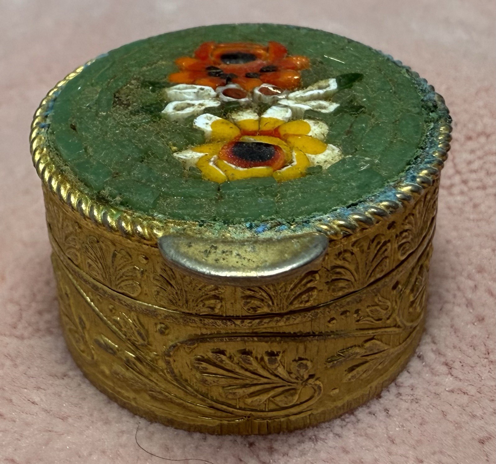 Antique Italian Micro Mosaic Brass Trinket Pill Box Floral Grand Tour Style VTG