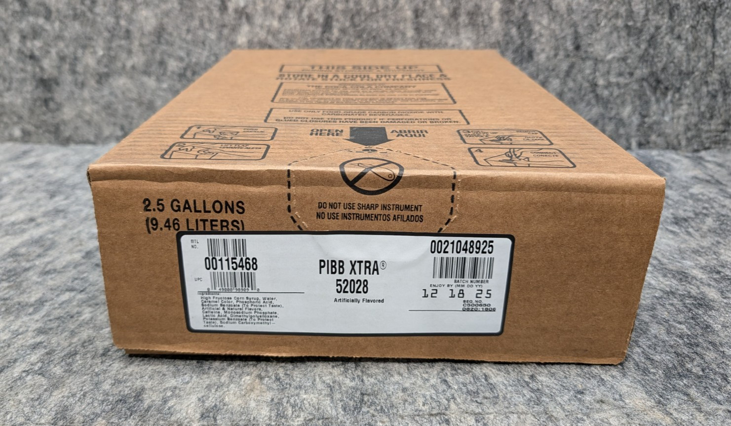 Pibb Xtra 2.5 Gallon Soda Syrup Concentrate Bag in Box BB 12/18/25