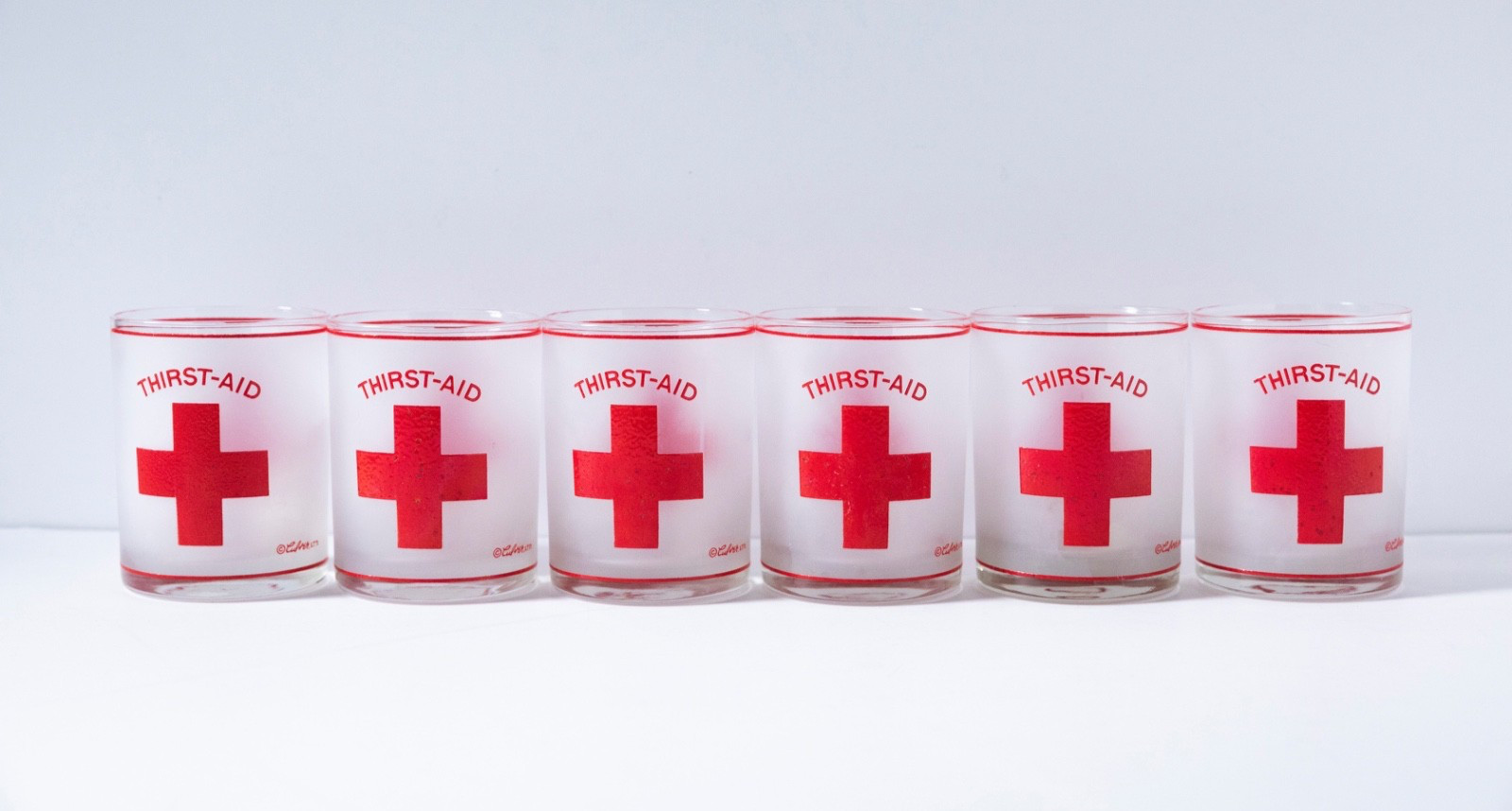 Vintage Culver Thirst Aid Red Cross Frosted Lowball Glasses Set of 6 MCM READ