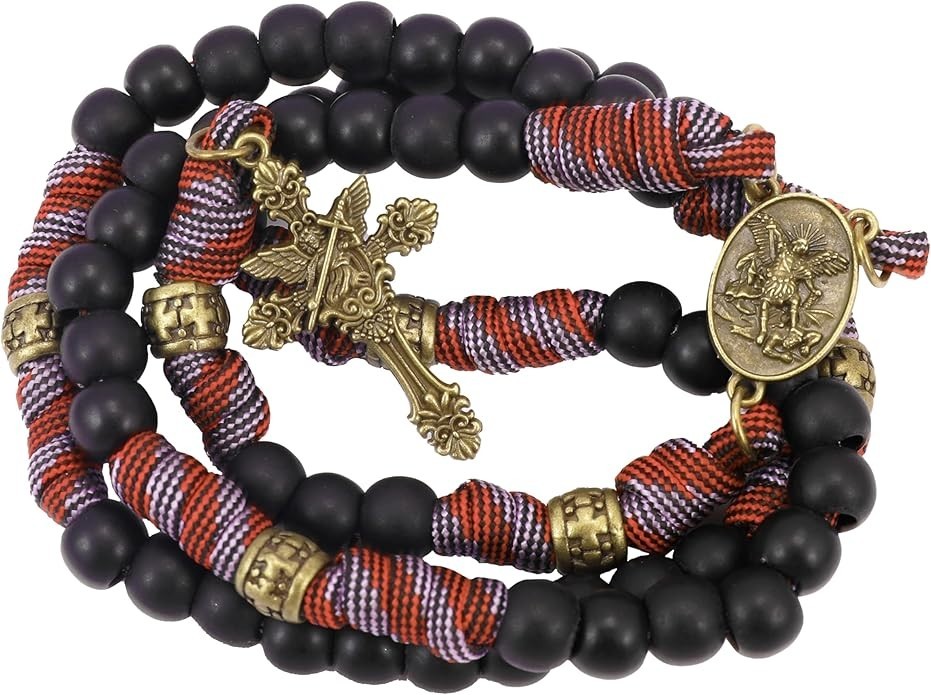 Bronze St Michael Rosary with Black Beads Heavy Duty Catholic Paracord Rosary