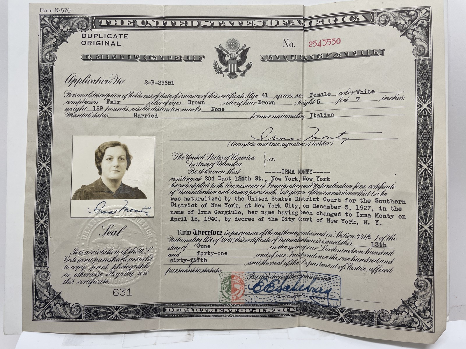 1941 US Certificate of Naturalization Irma Monty Italian Immigrant New York City 1941 US Certificate of Naturalization Irma Monty Italian Immigrant New York City