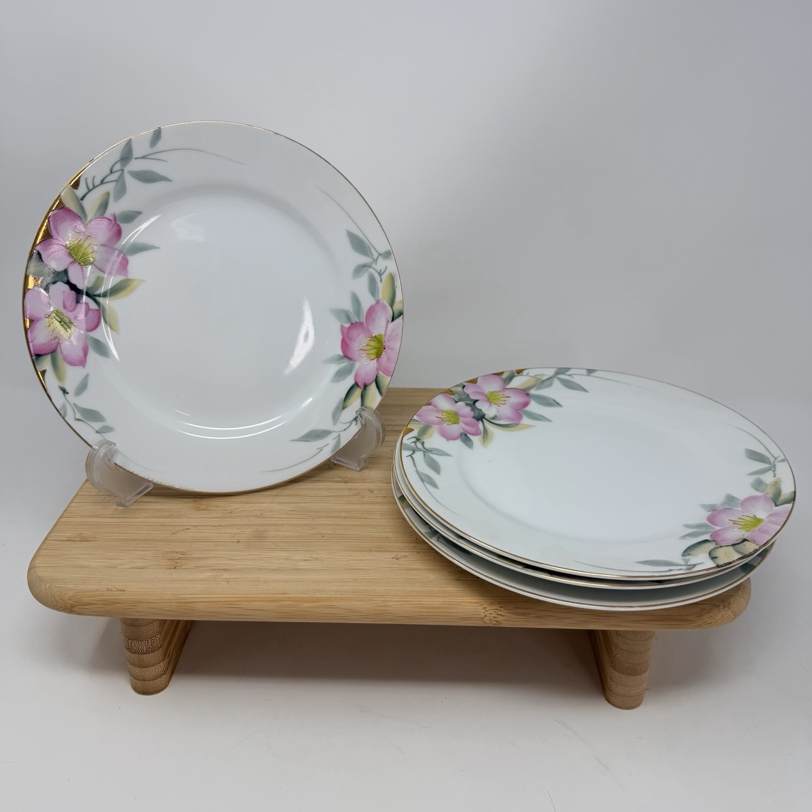 Vintage Noritake Azalea China 19322  7.5” Plates Set 4 Green Stamp Hand Painted