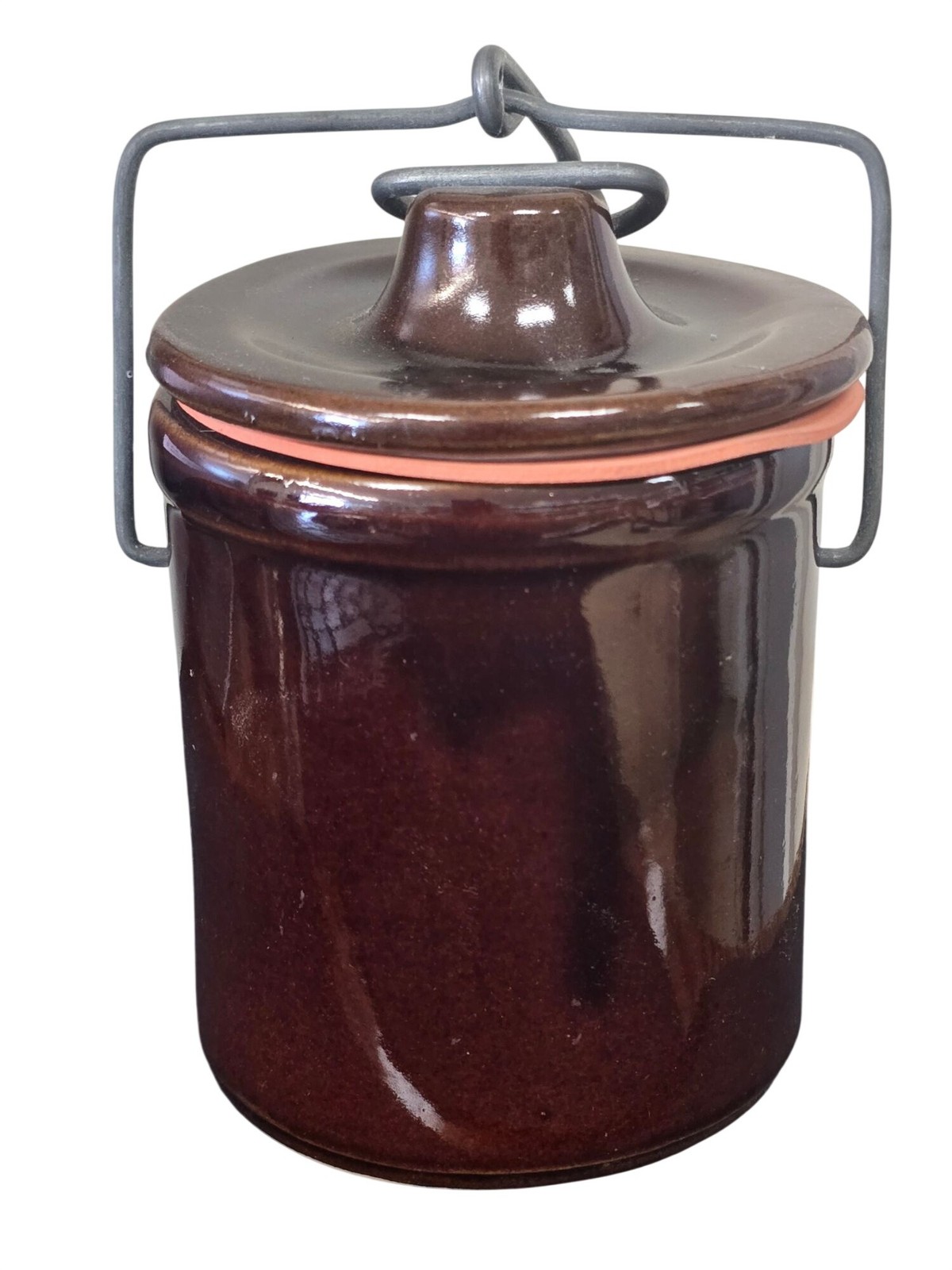 Vintage Brown Stoneware Cheese Butter Crock Wire Bail Lid & Rubber Seal 