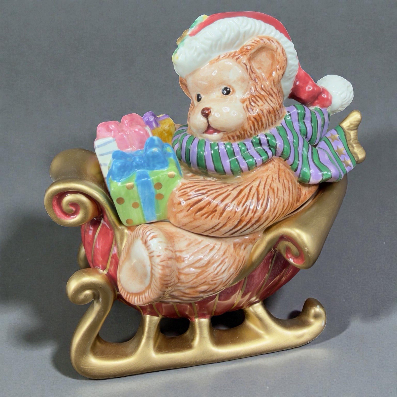 Fitz And Floyd Teddy Bear in Sleigh Ceramic Container With Lid Small Canister