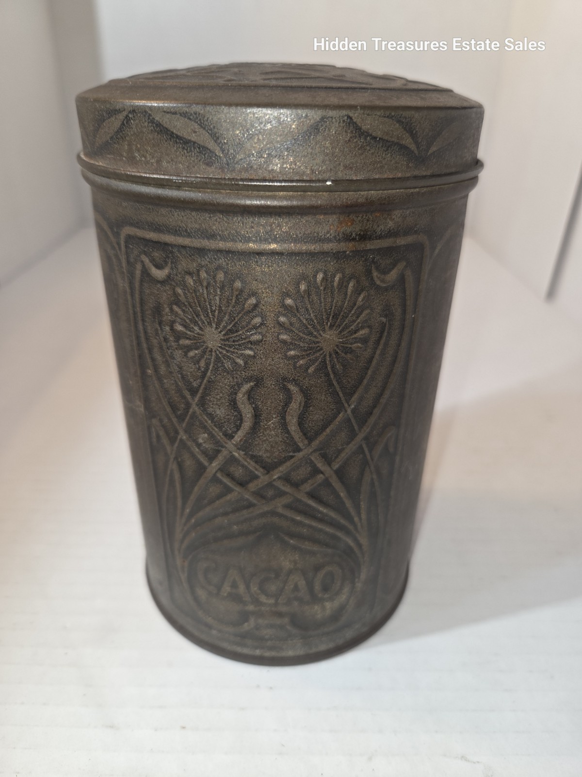 vintage Van Delft cacao tin, Art Nouveau embossed dandelion design Dutch 1900