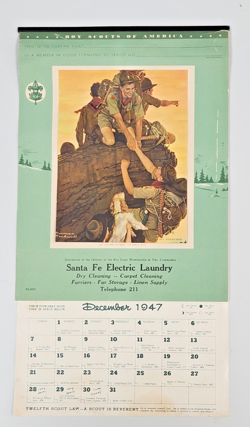 1947 VINTAGE BOY SCOUTS CALENDAR ARTIST NORMAN ROCKWELL Pages removed, Torn 1947 VINTAGE BOY SCOUTS CALENDAR ARTIST NORMAN ROCKWELL Pages removed, Torn