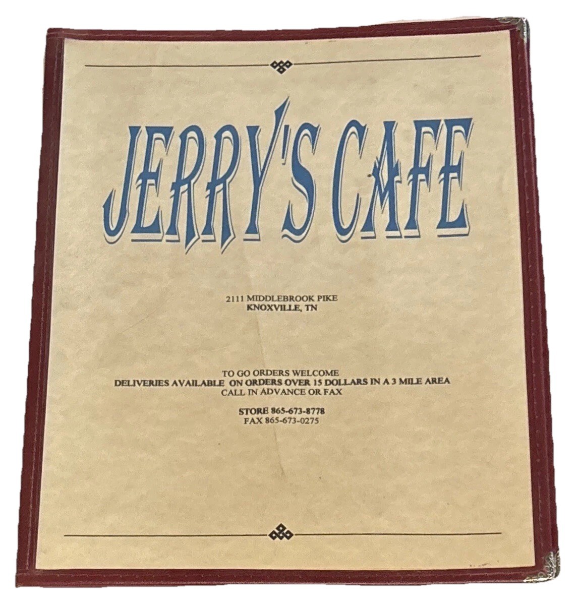 Vintage Jerry’s Jerry Cafe Knoxville, TN Folder Menu Vintage Jerry’s Jerry Cafe Knoxville, TN Folder Menu
