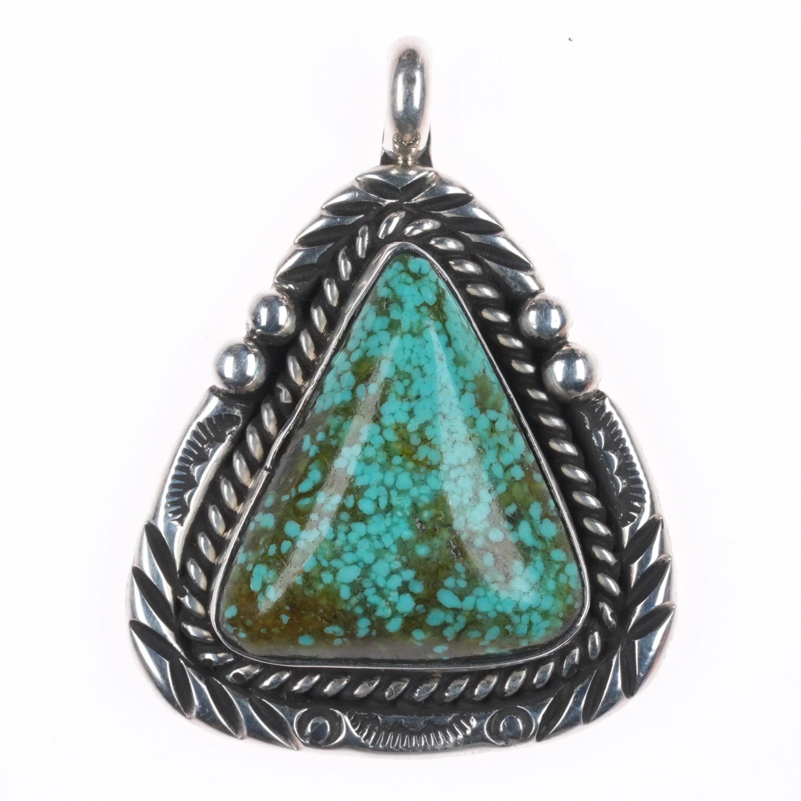 Vintage CH Navajo sterling silver Ceremonial Kingman waterweb turquoise pendant Vintage CH Navajo sterling silver Ceremonial Kingman waterweb turquoise pendant
