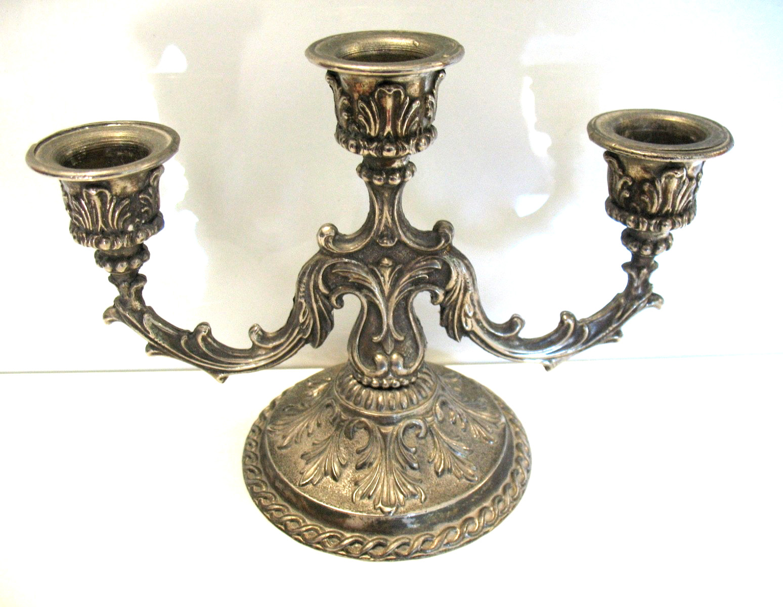 Vintage Ornate Victorian Style Metal Candelabra Candle Holder Silvertone