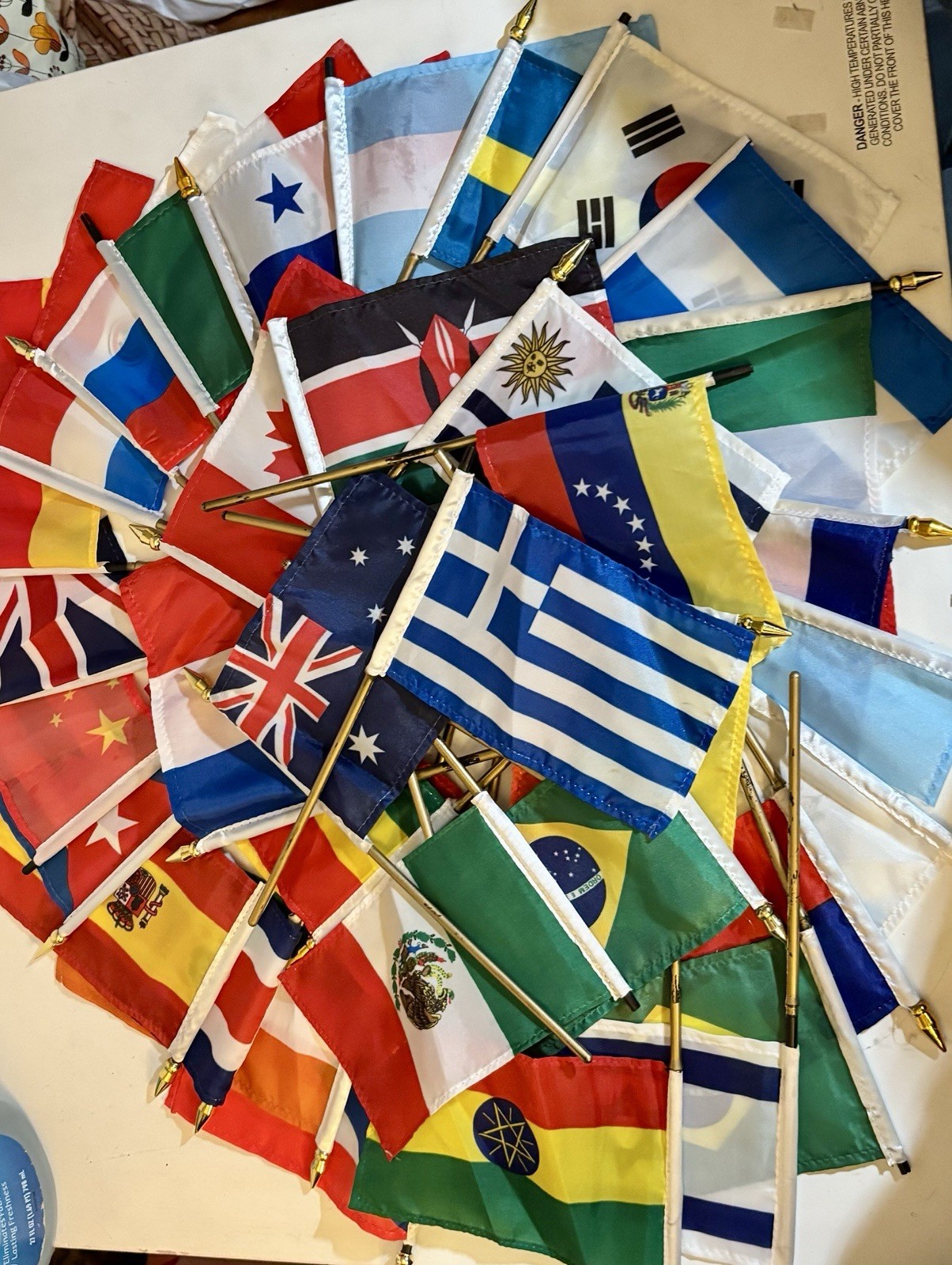 4” x 6” Mini Hand Held Flags 36 Countries (13 Gold Tips missing + Stick Flaking)