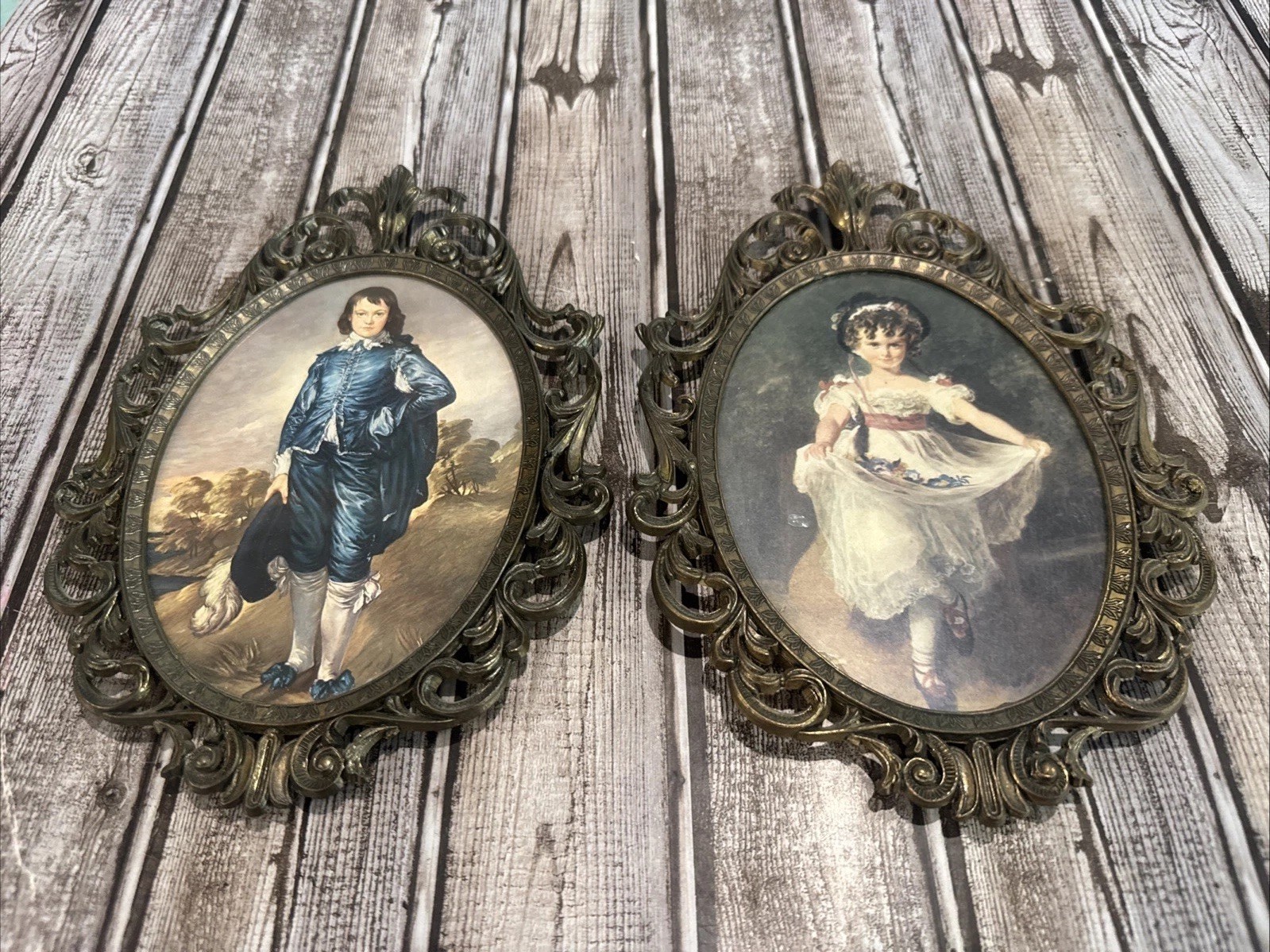 Vintage Blue Boy And Miss Murray  in Ornate Brass oval Frames Made In Italy