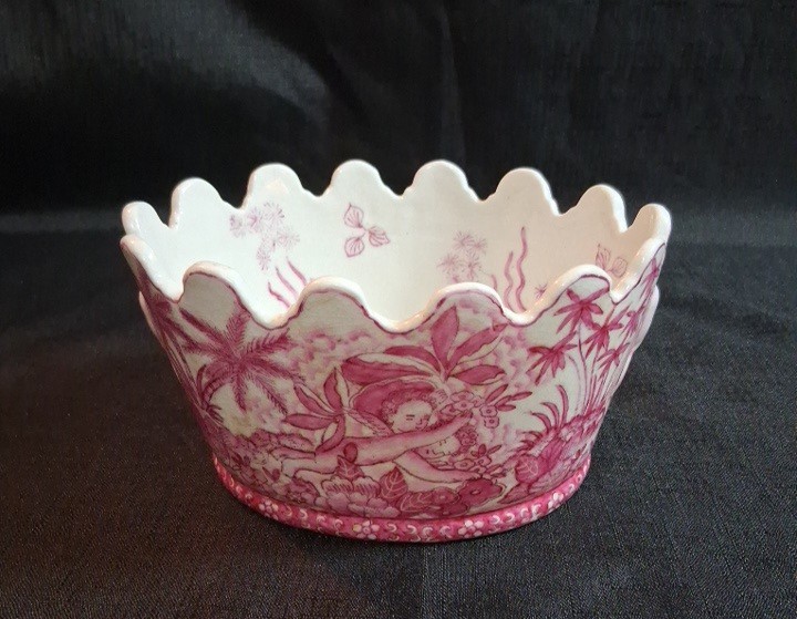 Vintage Pink & White Porcelain Chinoiserie Planter Scalloped Hand Painted 