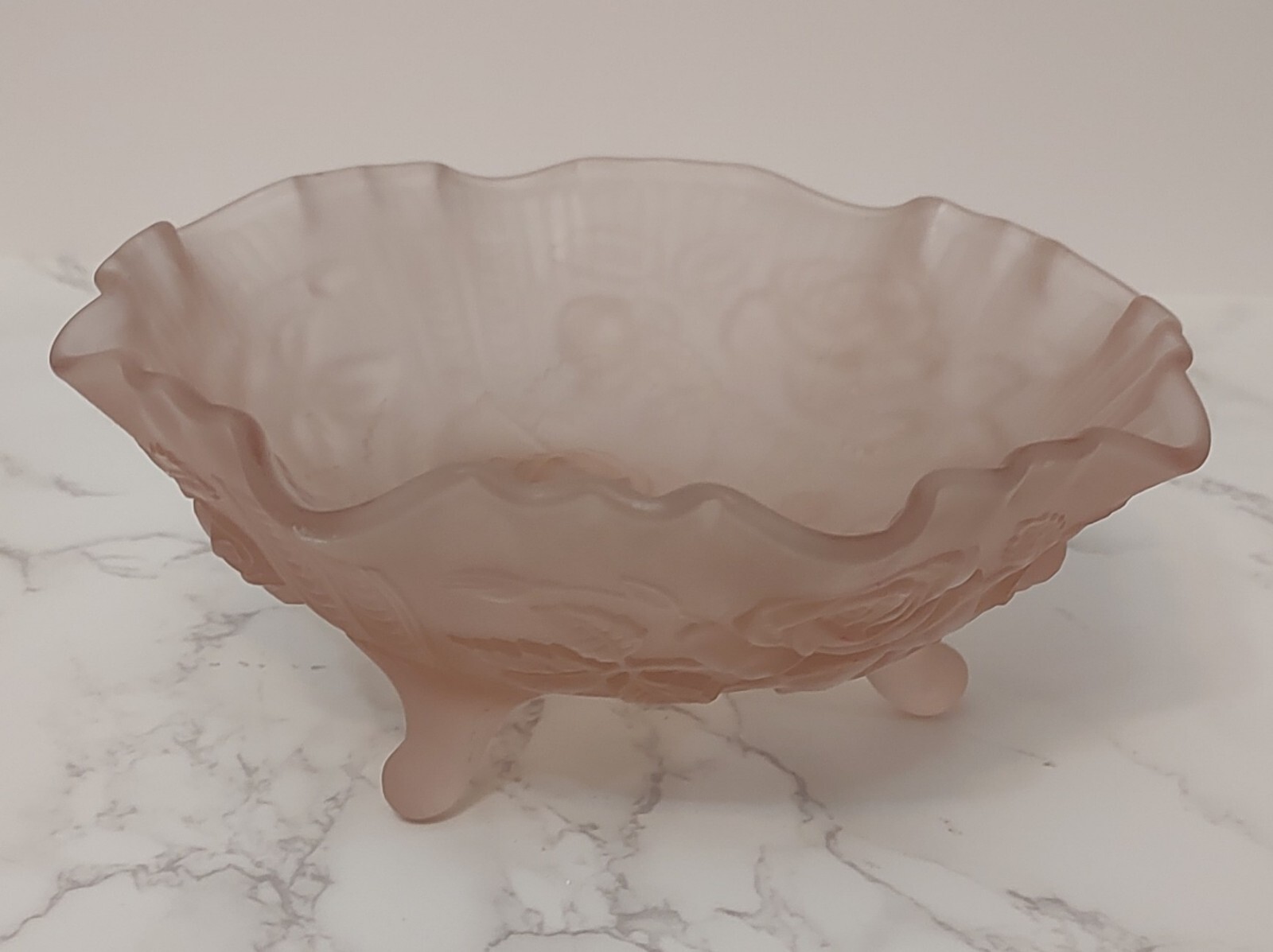 Vintage 3-Footed Pink Satin Frosted Glass Bowl Dish Rose Floral Pattern 