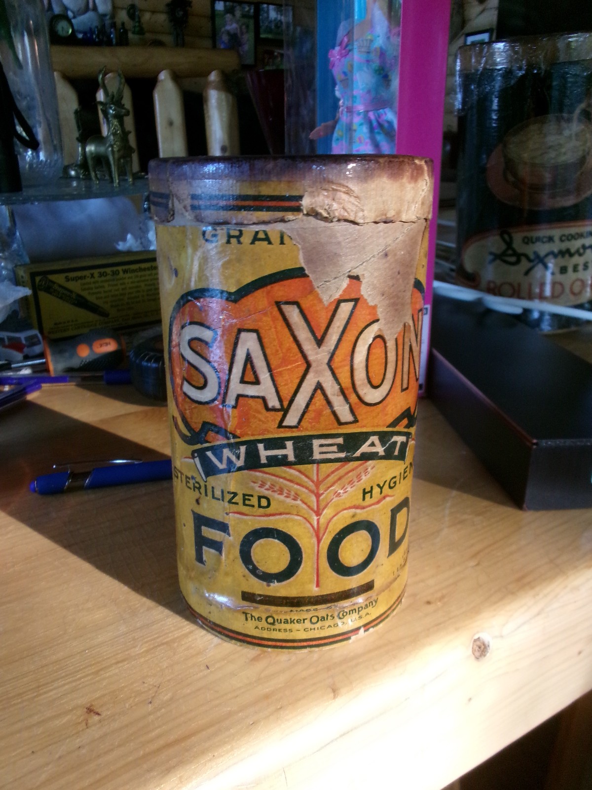 vintage 1-pound cardboard container of SAXON WHEAT FOOD produced by Quaker Oats
