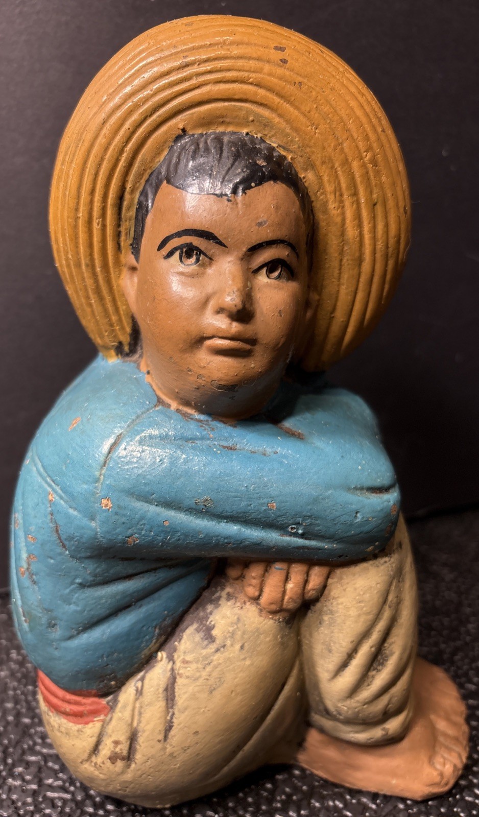 VTG 30 -40s Mexican Statue Coin Bank Sitting Boy Big Hat Hand Painted Chalk Ware